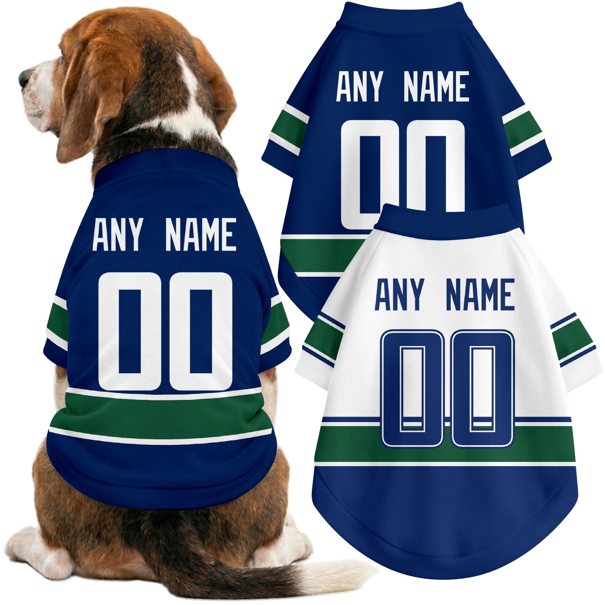 Dog wearing custom hockey-style jersey in Blue and White colors with personalized name and number