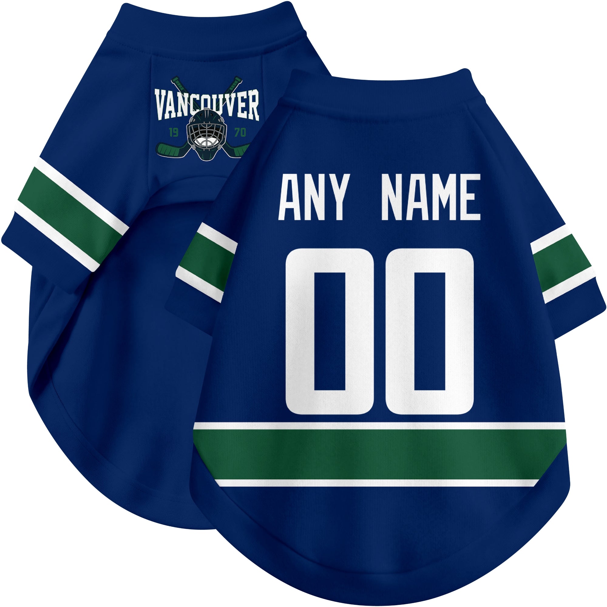 Custom hockey-style dog jersey color option 1 in Blue and White