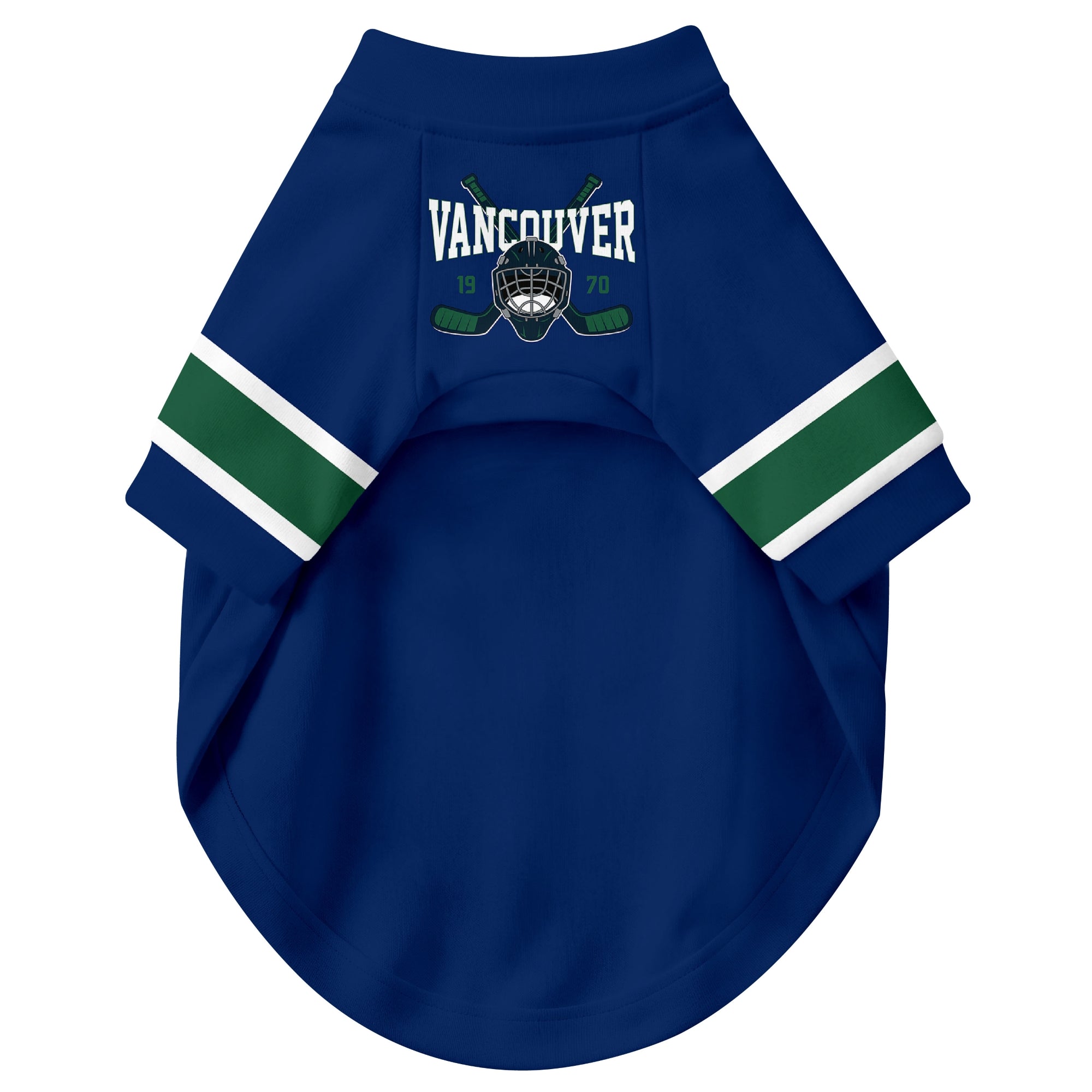 Front view of custom hockey-style dog jersey in Blue and White colors