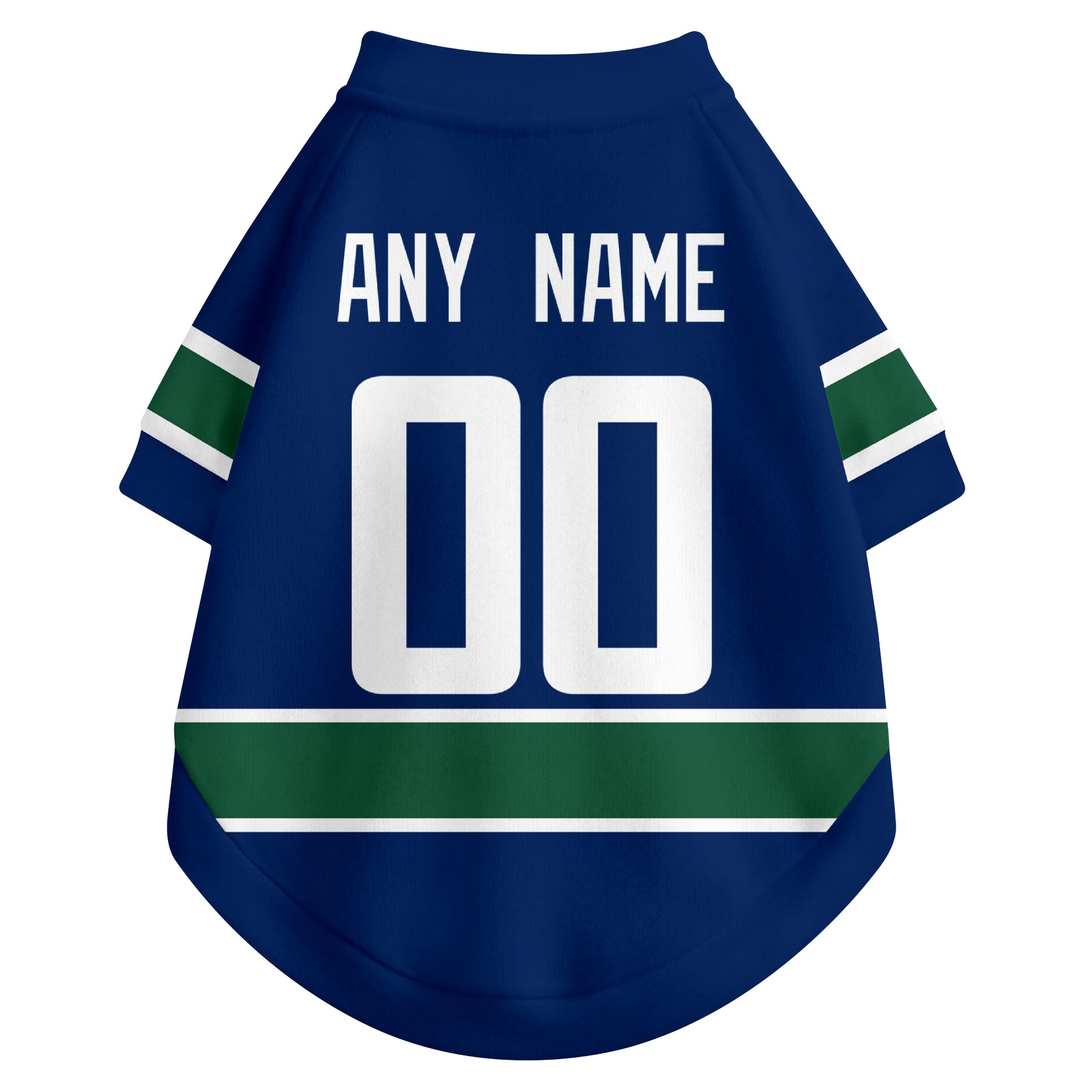 Back view of custom hockey-style dog jersey in Blue and White colors with personalized name and number