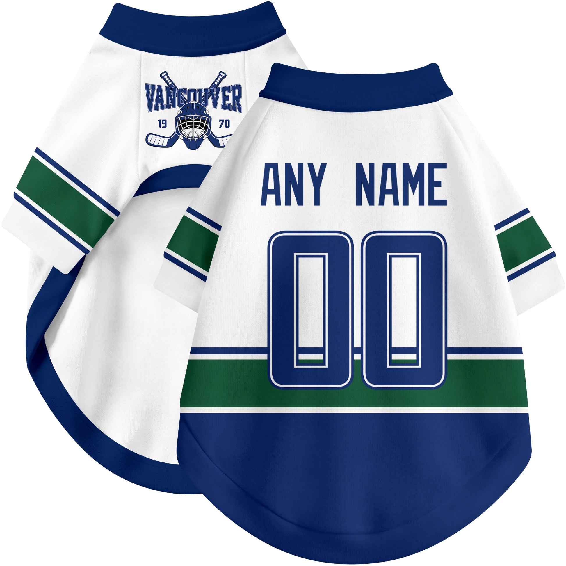 Custom hockey-style dog jersey color option 2 in White and Blue