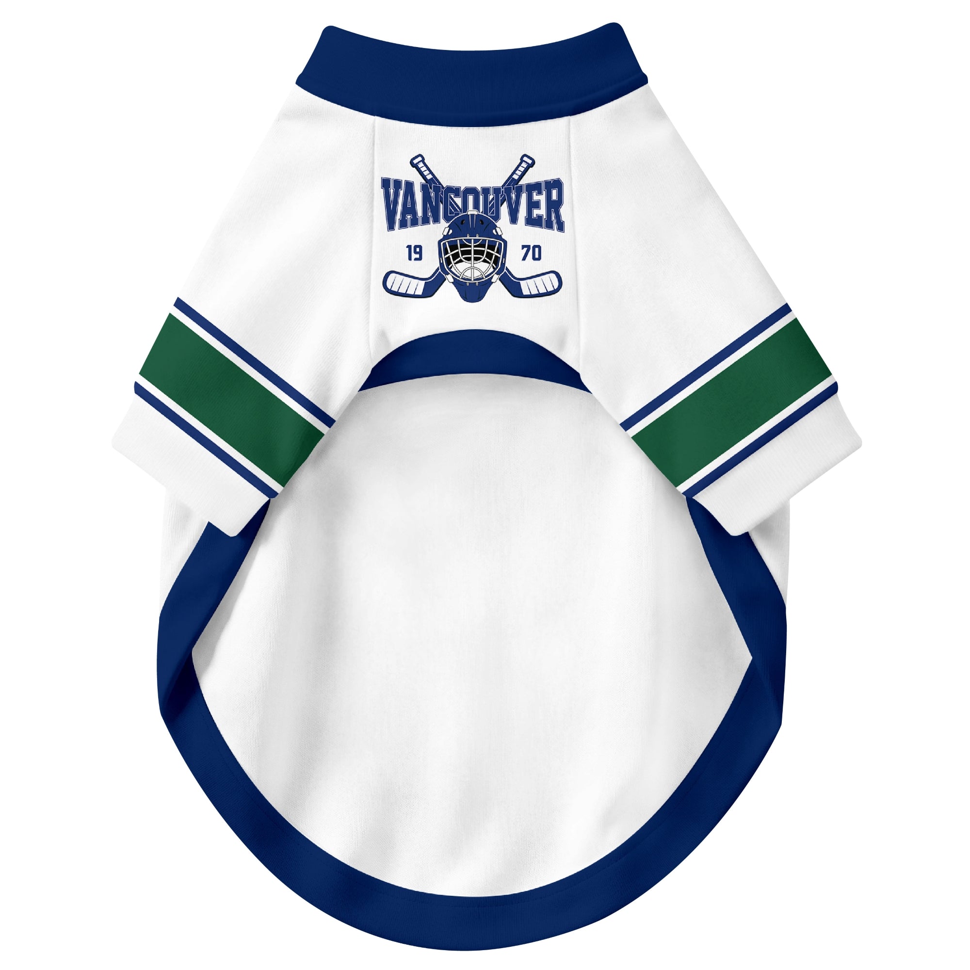 Front view of custom hockey-style dog jersey in White and Blue colors