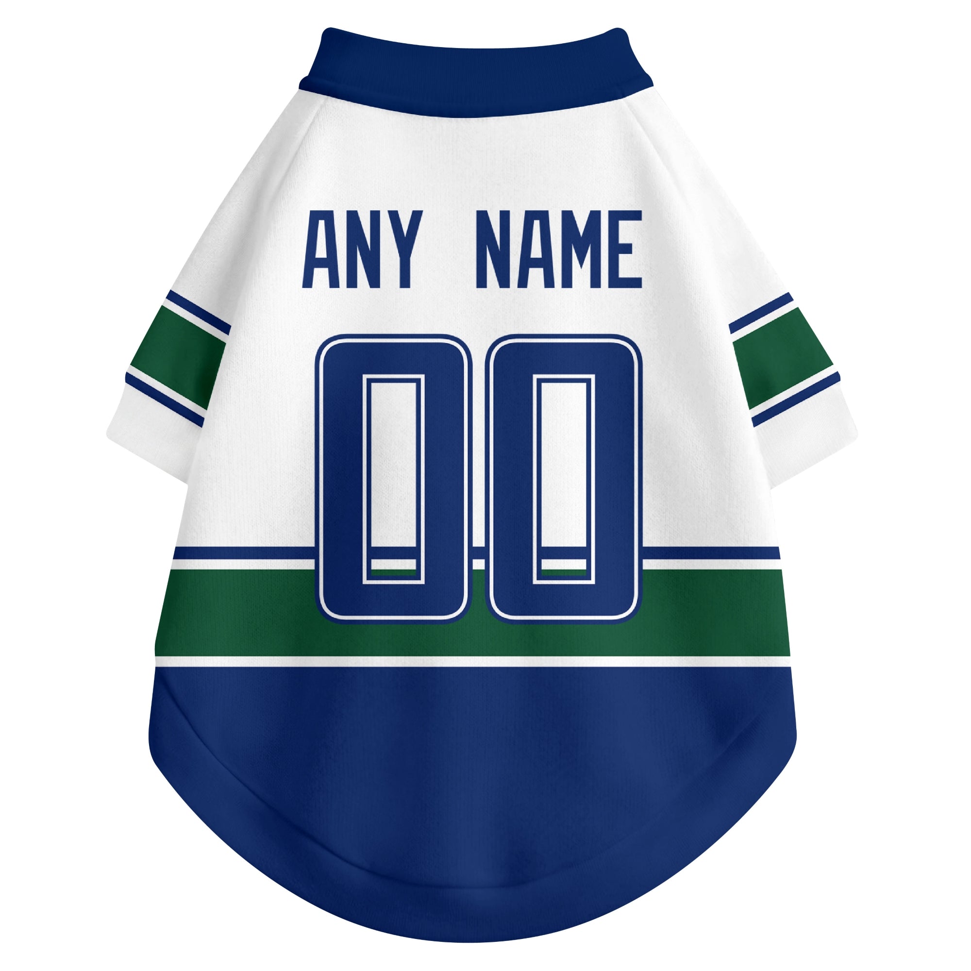 Back view of custom hockey-style dog jersey in White and Blue colors with personalized name and number