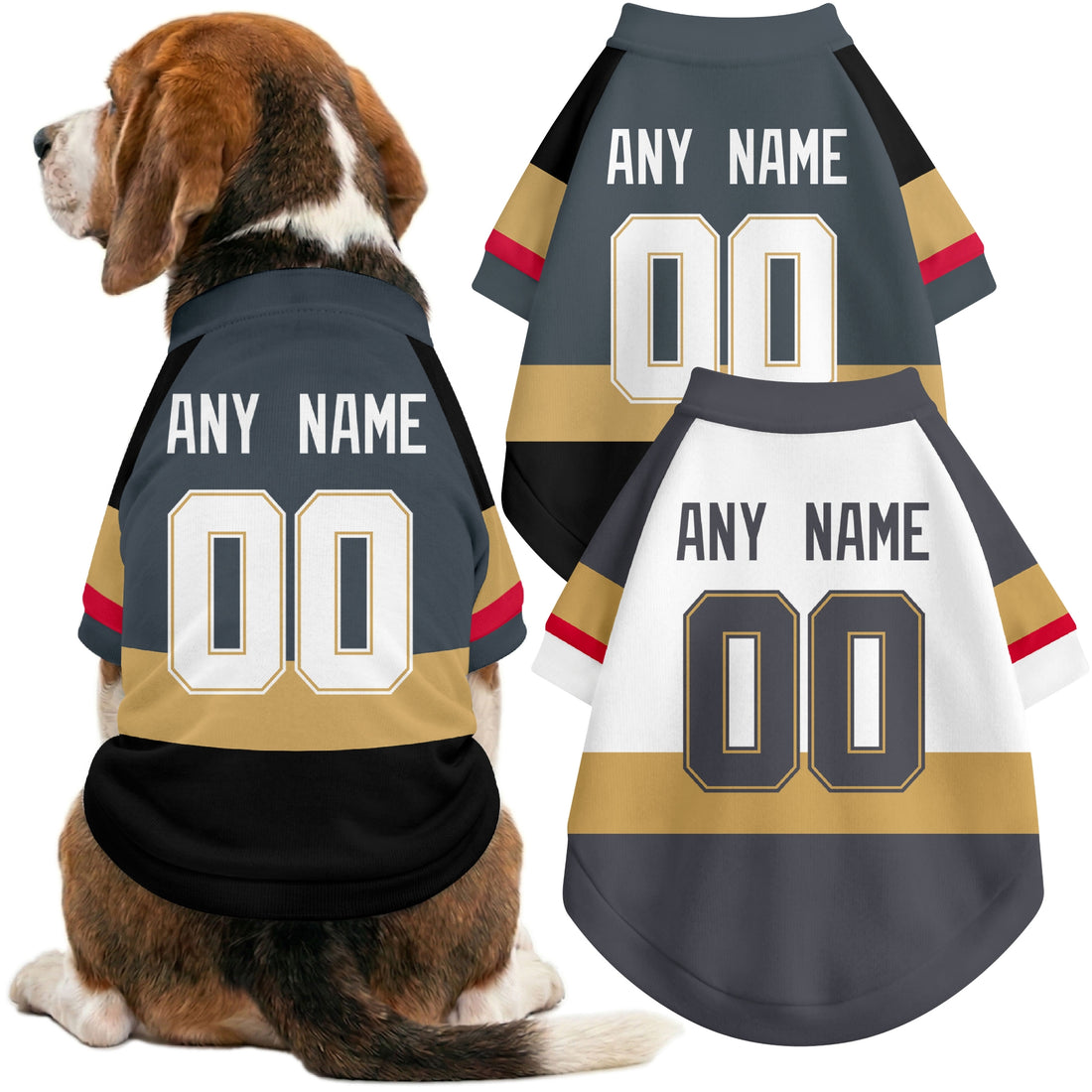Dog wearing custom hockey-style jersey in Gray and White colors with personalized name and number