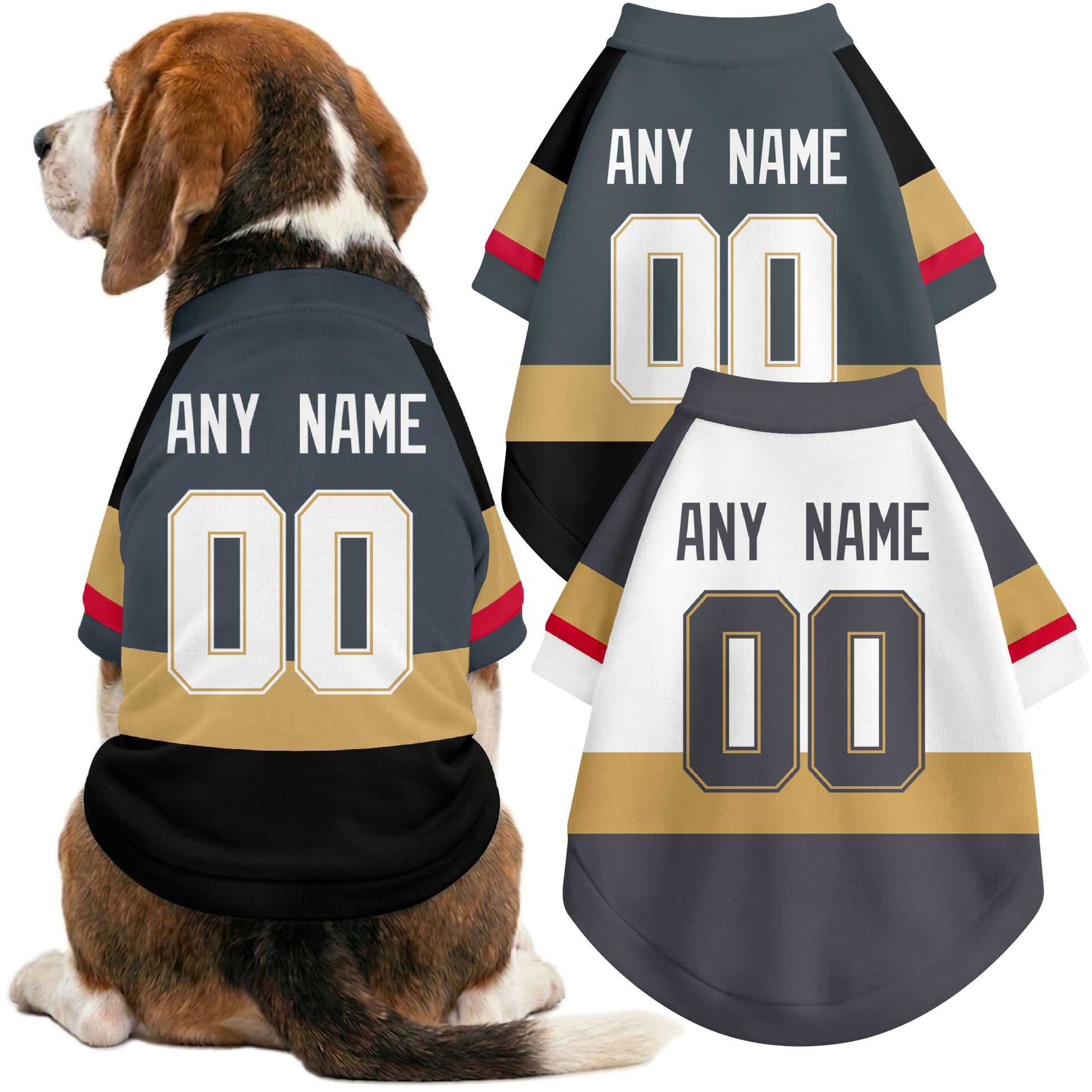 Dog wearing custom hockey-style jersey in Gray and White colors with personalized name and number