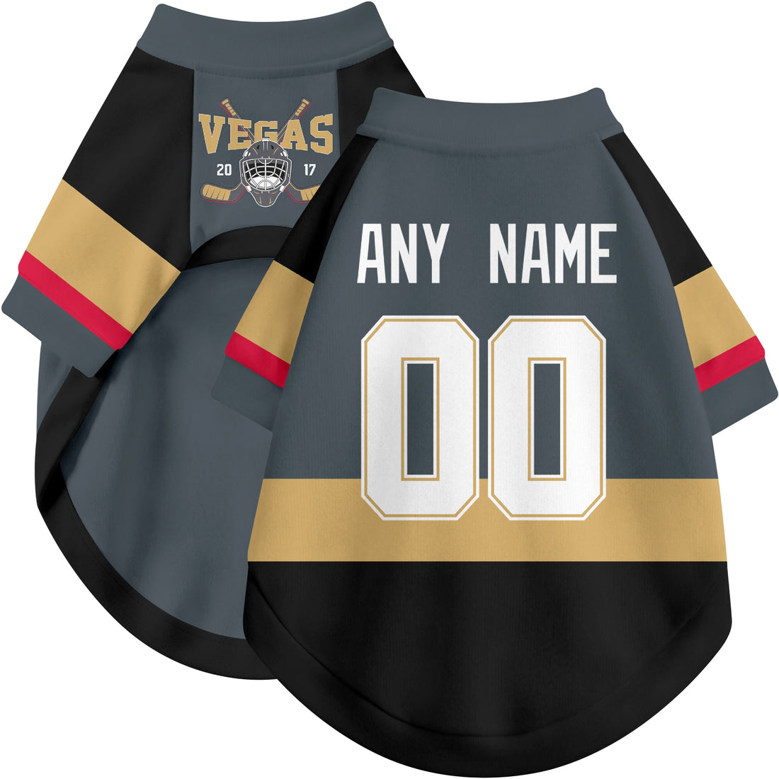 Dog wearing custom hockey-style jersey in Gray and White colors with personalized name and number
