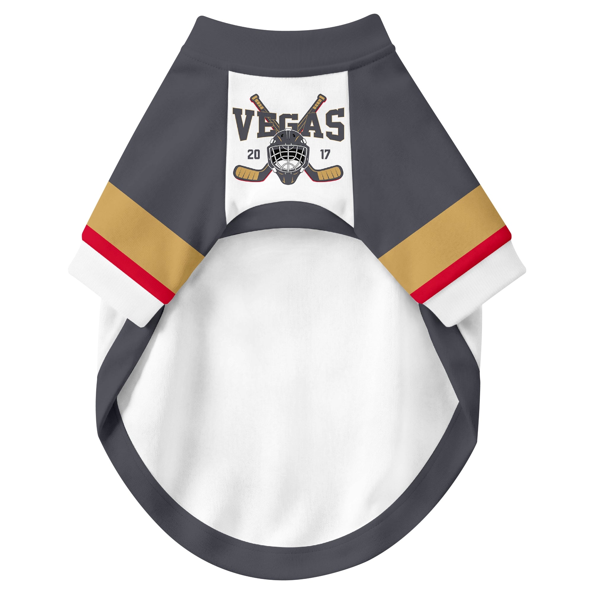Front view of custom hockey-style dog jersey in White and Gray colors