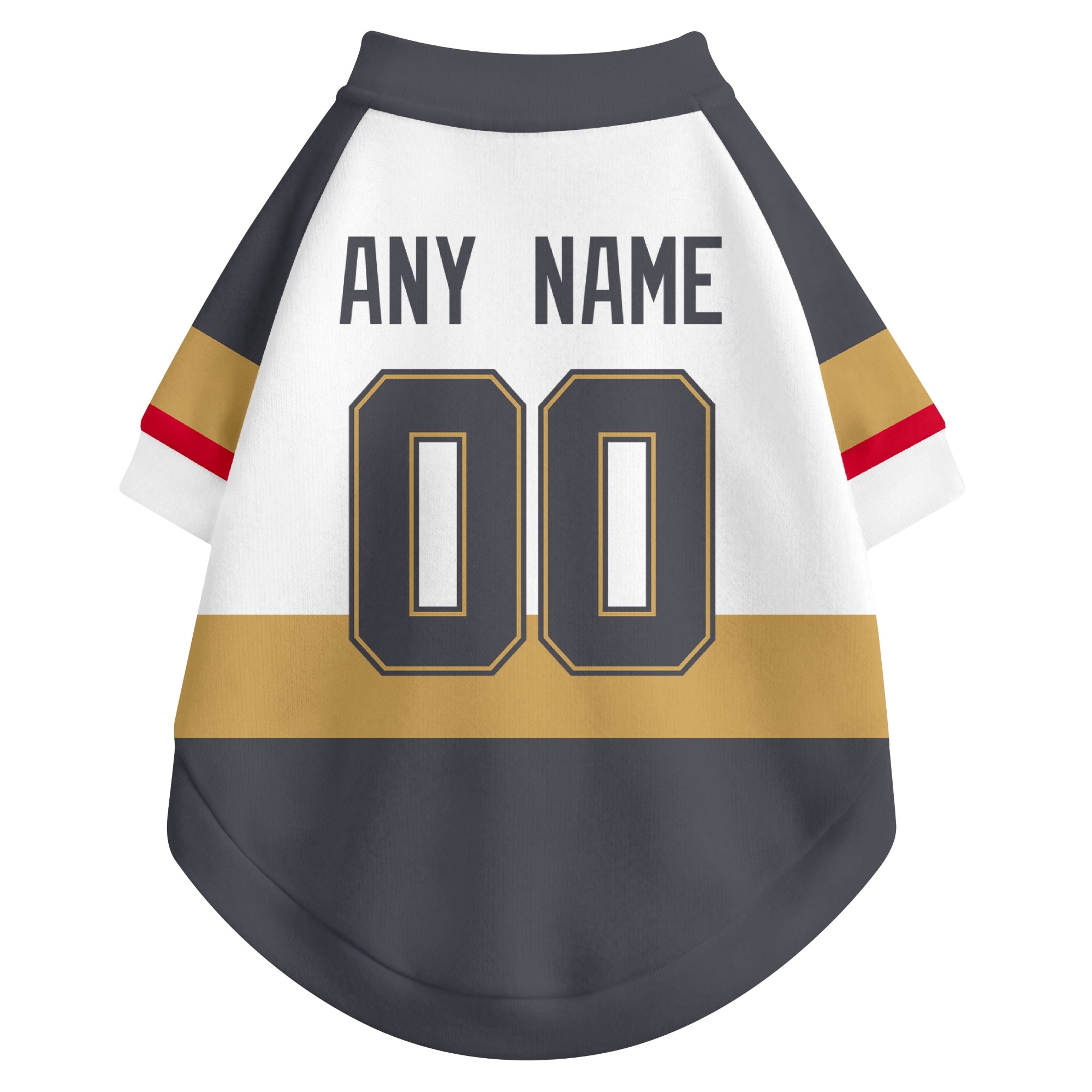 Back view of custom hockey-style dog jersey in White and Gray colors with personalized name and number