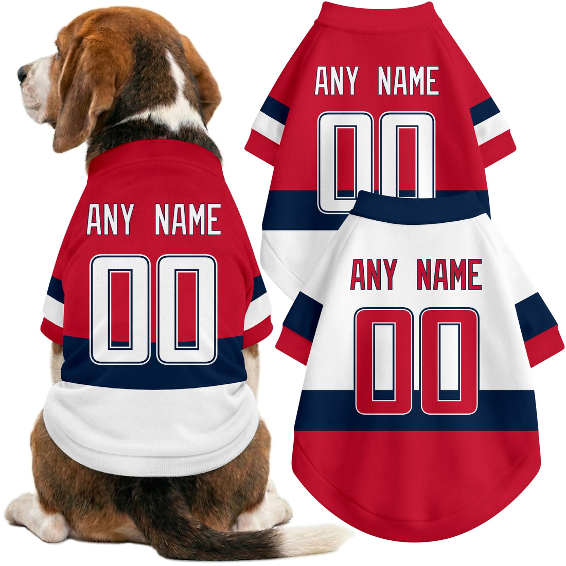 Dog wearing custom hockey-style jersey in Red and White colors with personalized name and number