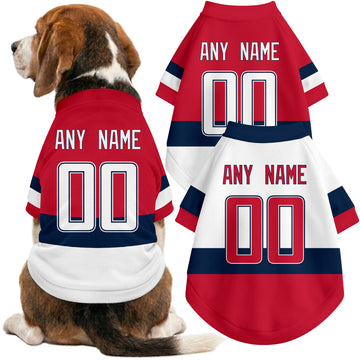 Dog wearing custom hockey-style jersey in Red and White colors with personalized name and number