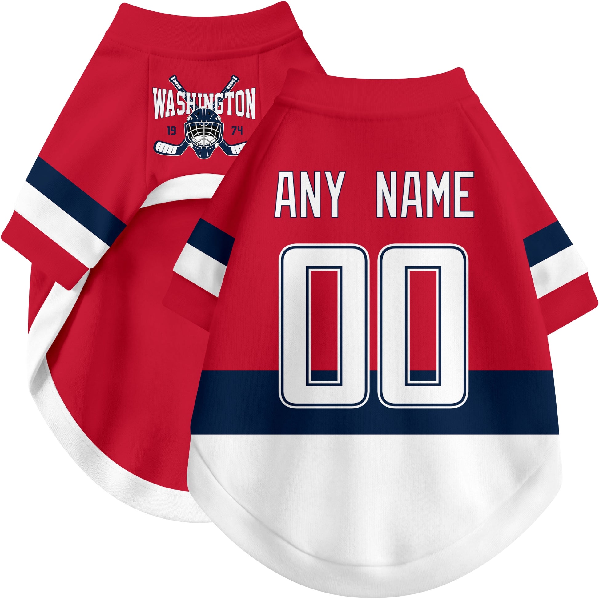 Custom hockey-style dog jersey color option 1 in Red and White