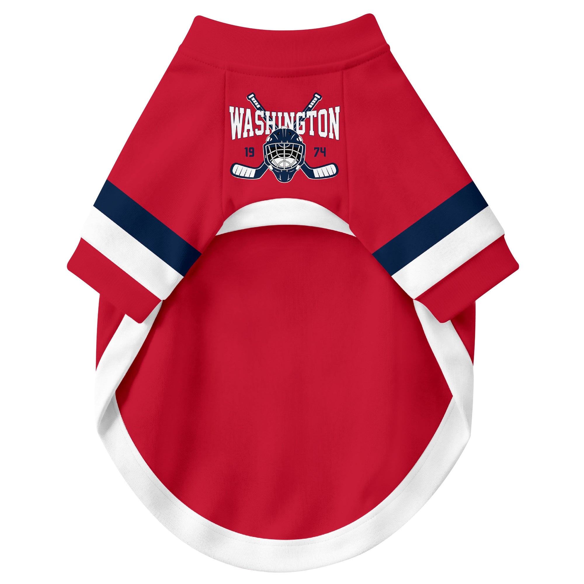 Front view of custom hockey-style dog jersey in Red and White colors