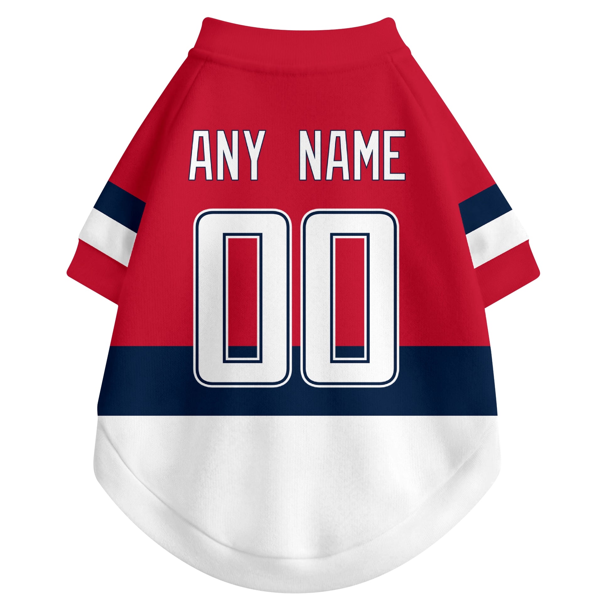 Back view of custom hockey-style dog jersey in Red and White colors with personalized name and number