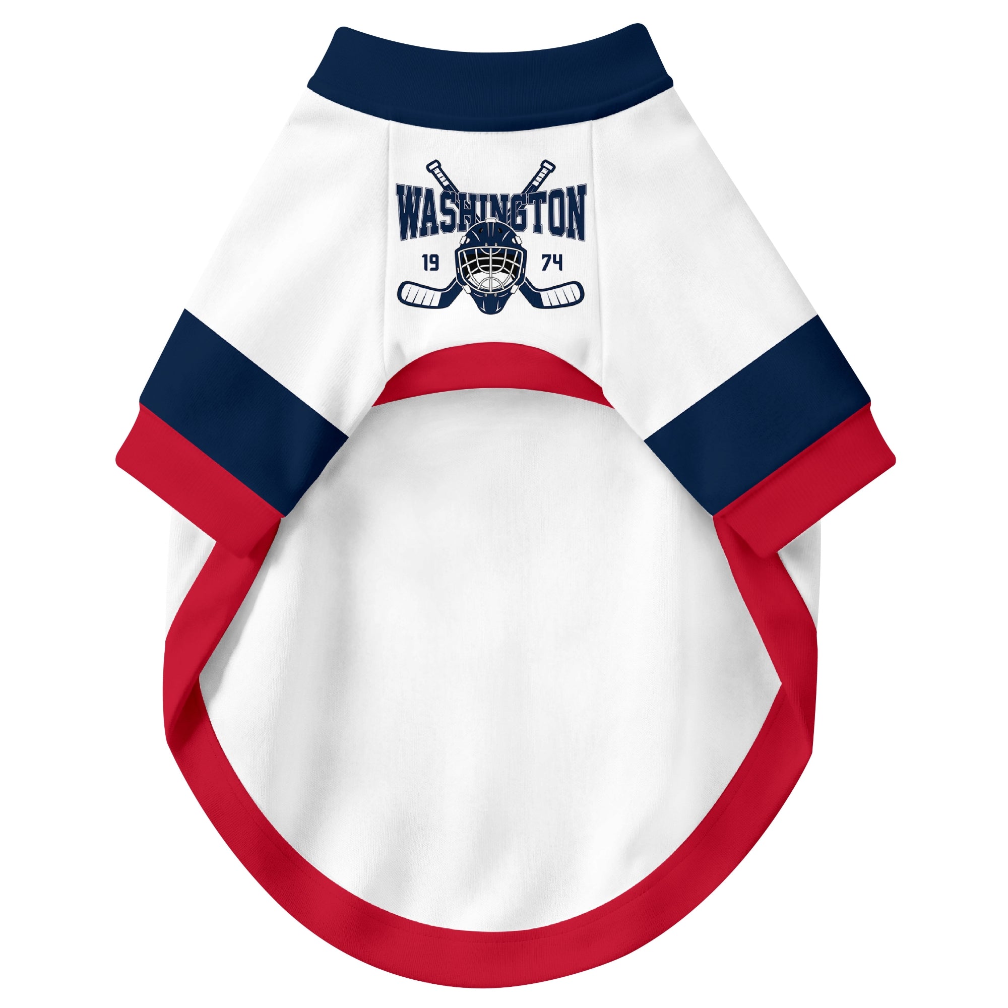 Front view of custom hockey-style dog jersey in White and Red colors