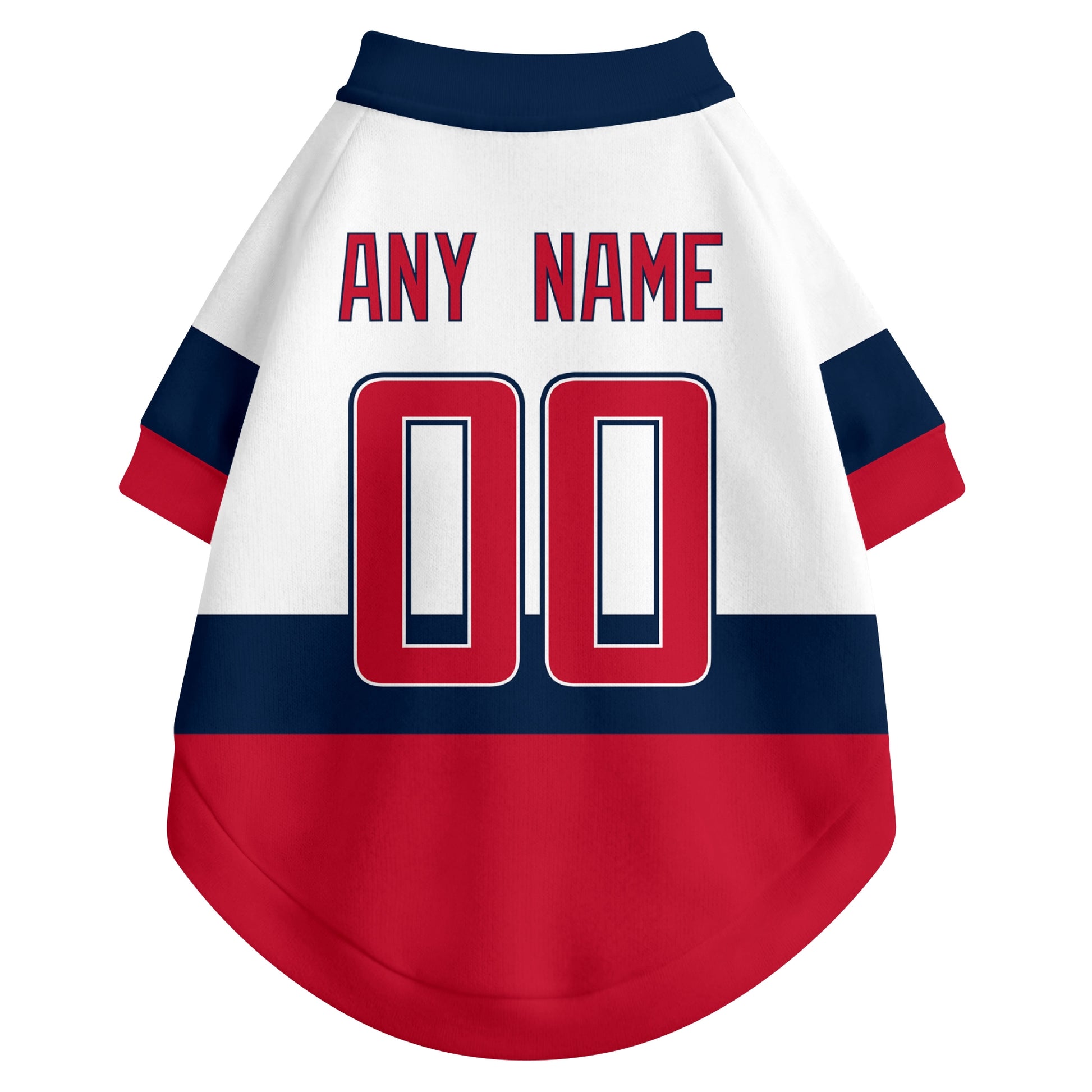 Back view of custom hockey-style dog jersey in White and Red colors with personalized name and number