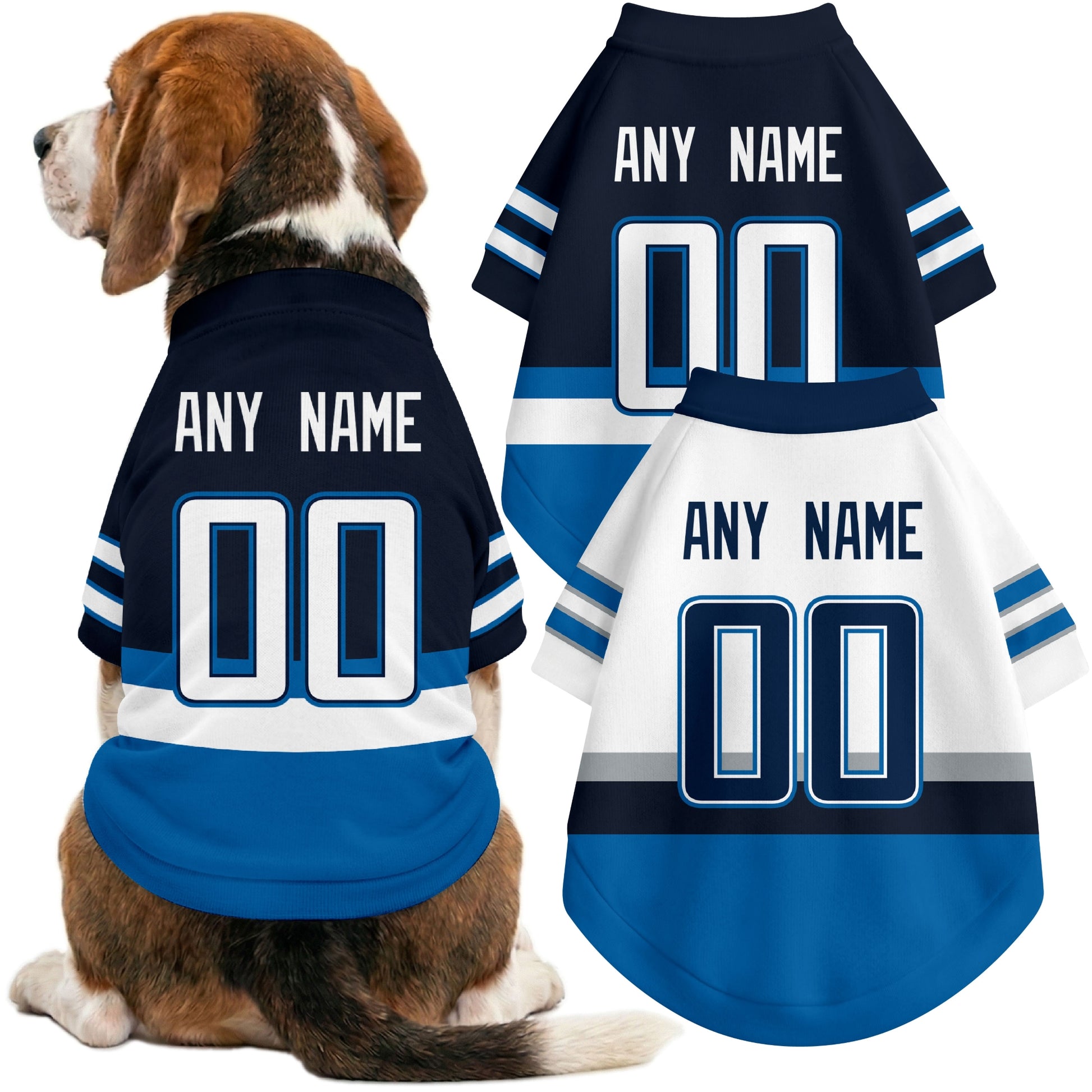 Dog wearing custom hockey-style jersey in Navy and White colors with personalized name and number