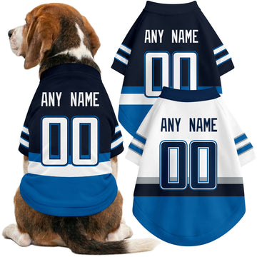 Dog wearing custom hockey-style jersey in Navy and White colors with personalized name and number