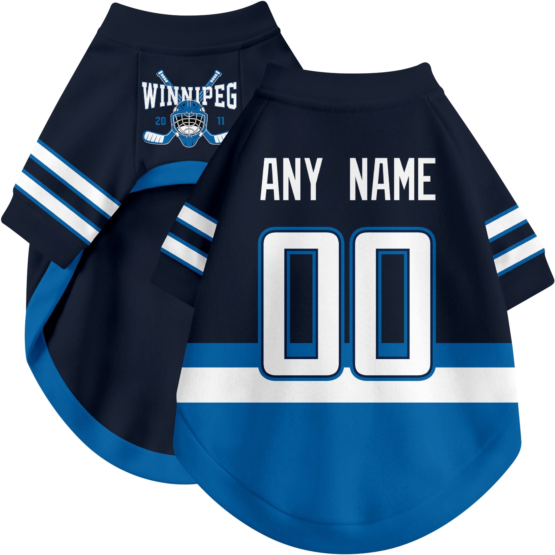 Custom hockey-style dog jersey color option 1 in Navy and White
