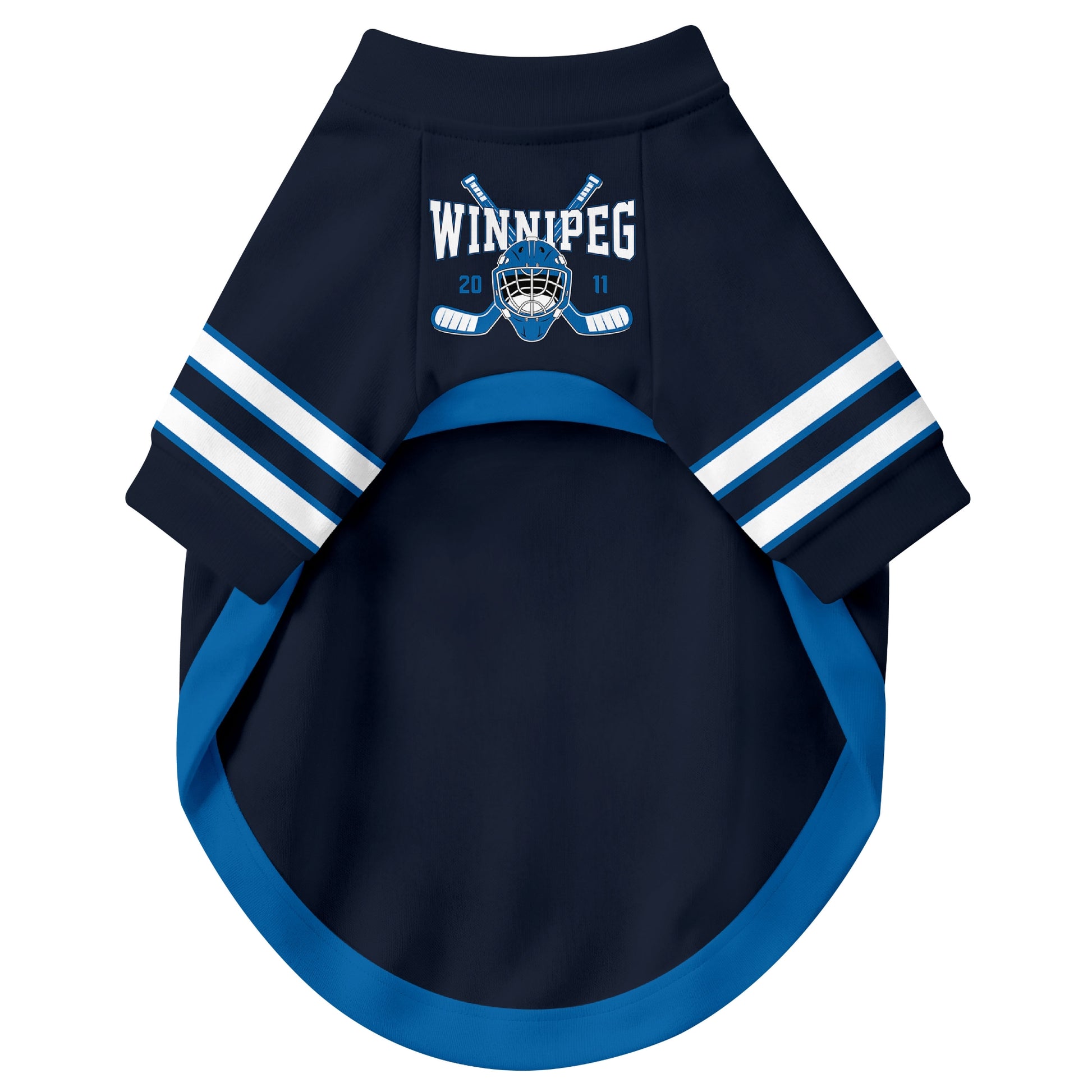 Front view of custom hockey-style dog jersey in Navy and White colors