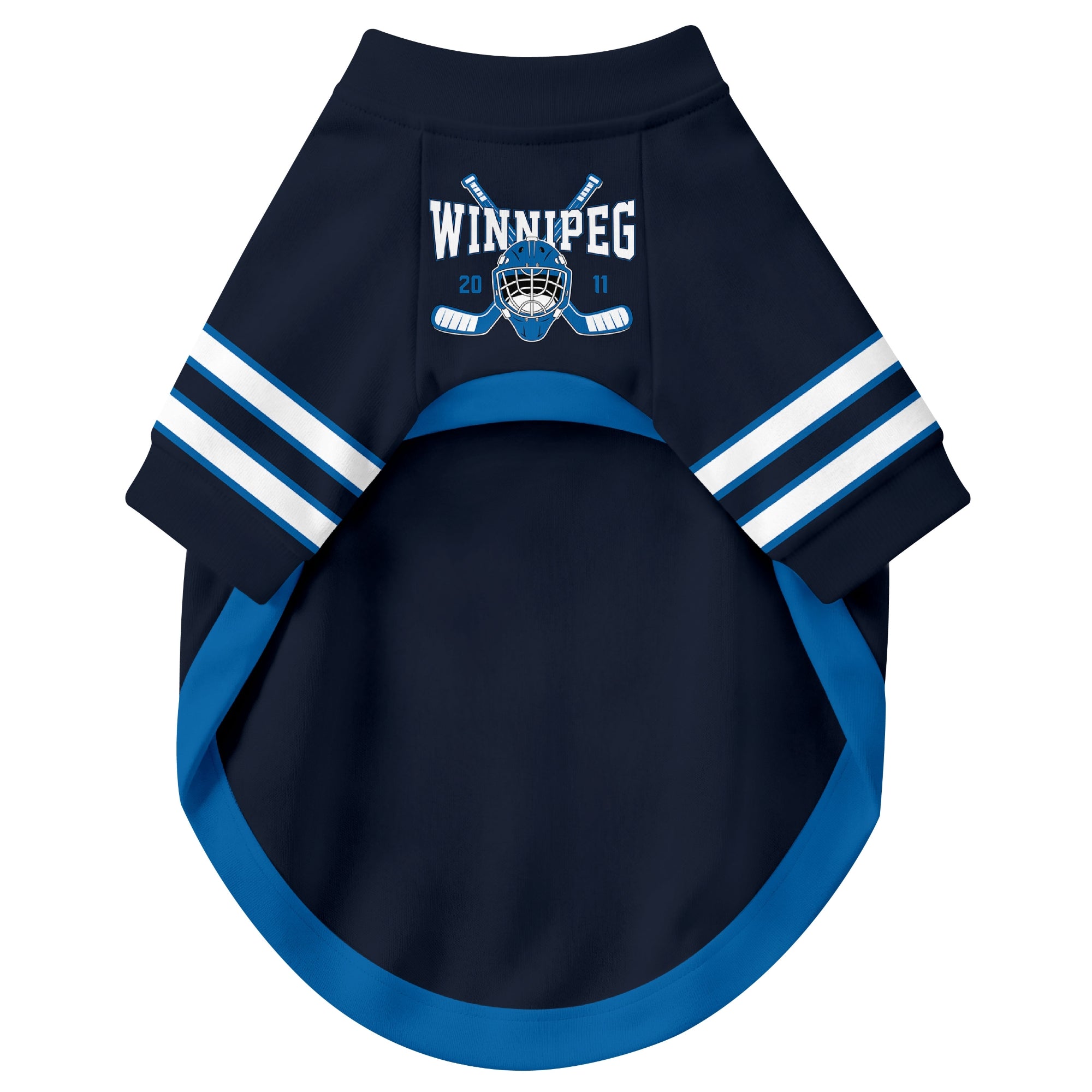 Front view of custom hockey-style dog jersey in Navy and White colors