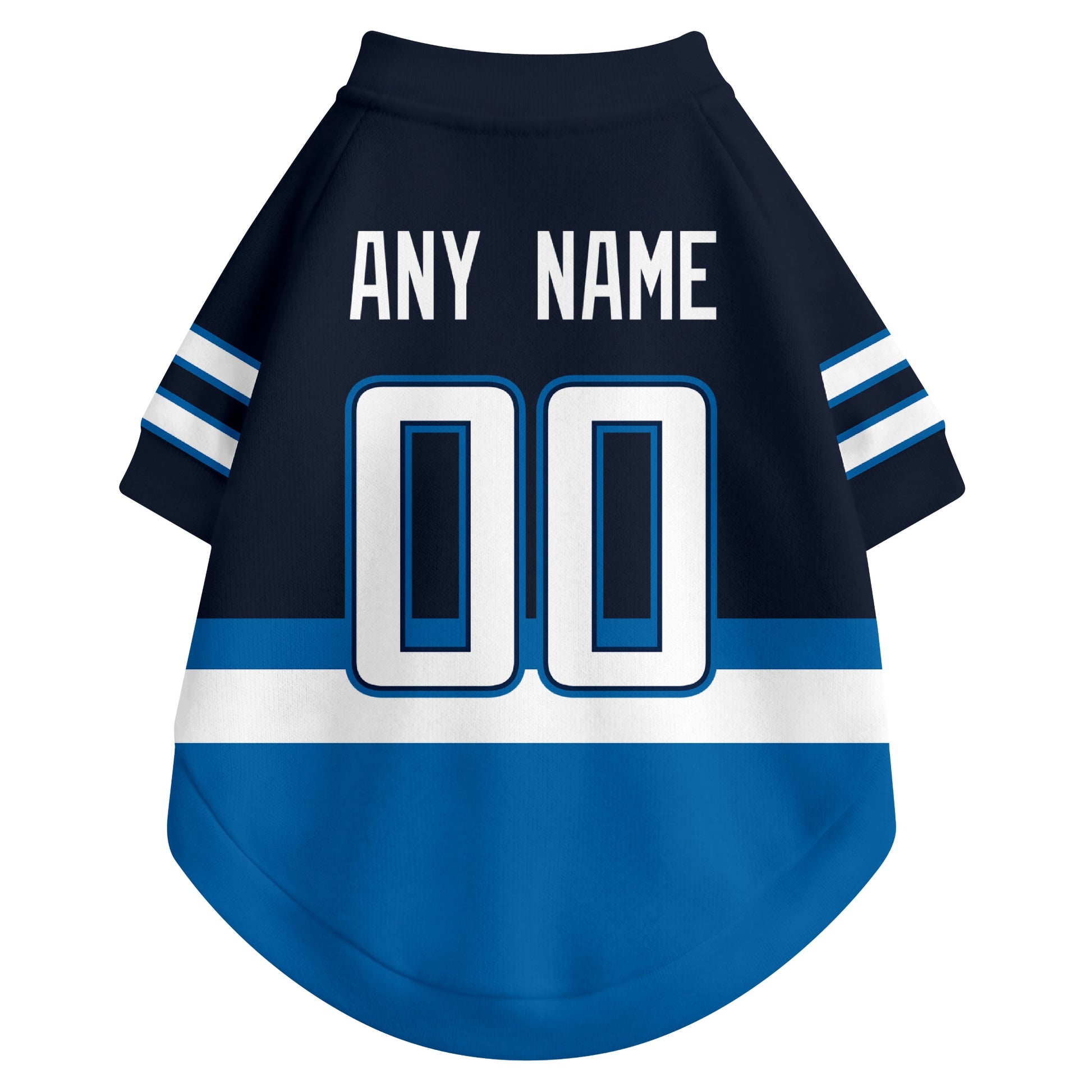 Back view of custom hockey-style dog jersey in Navy and White colors with personalized name and number