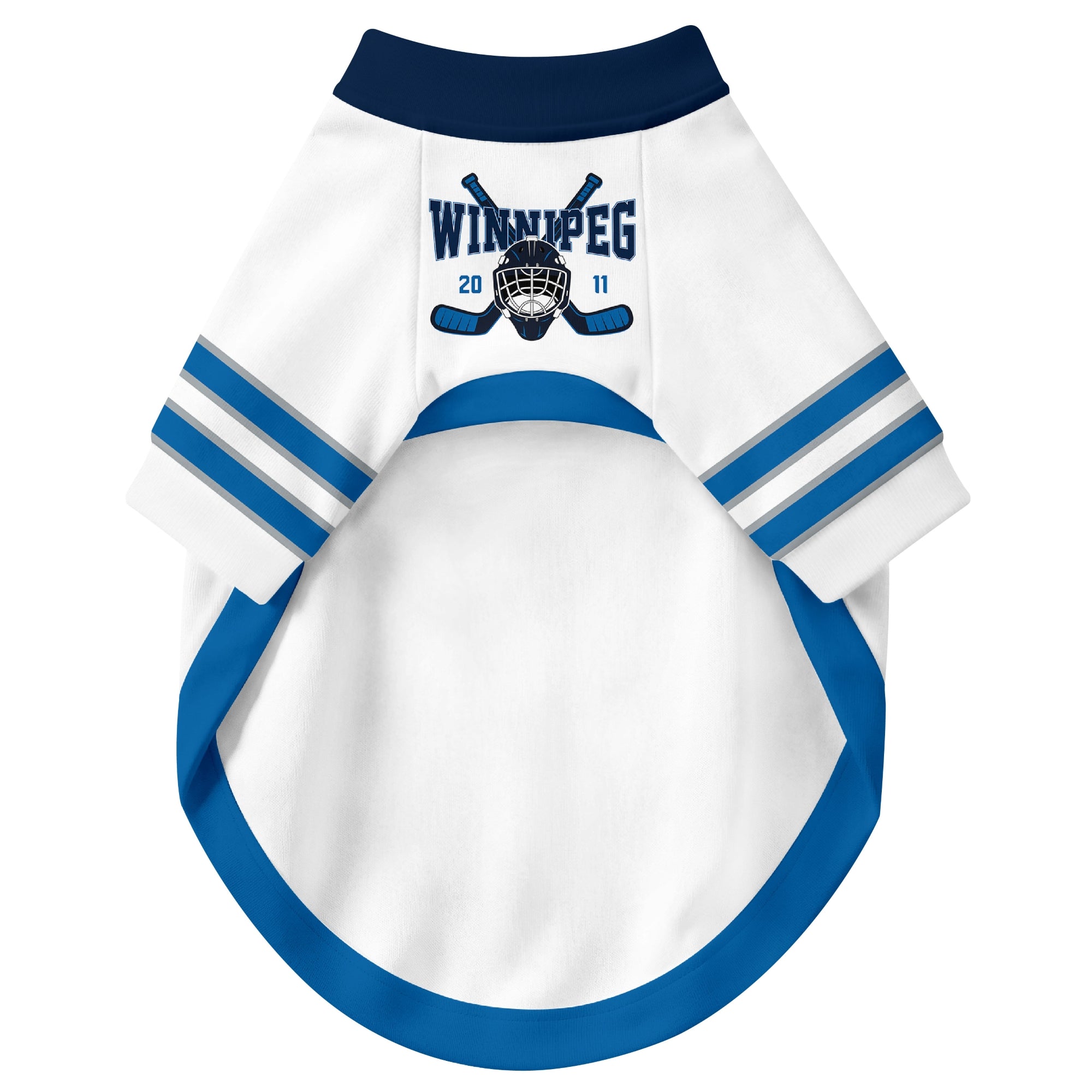 Front view of custom hockey-style dog jersey in White and Navy colors