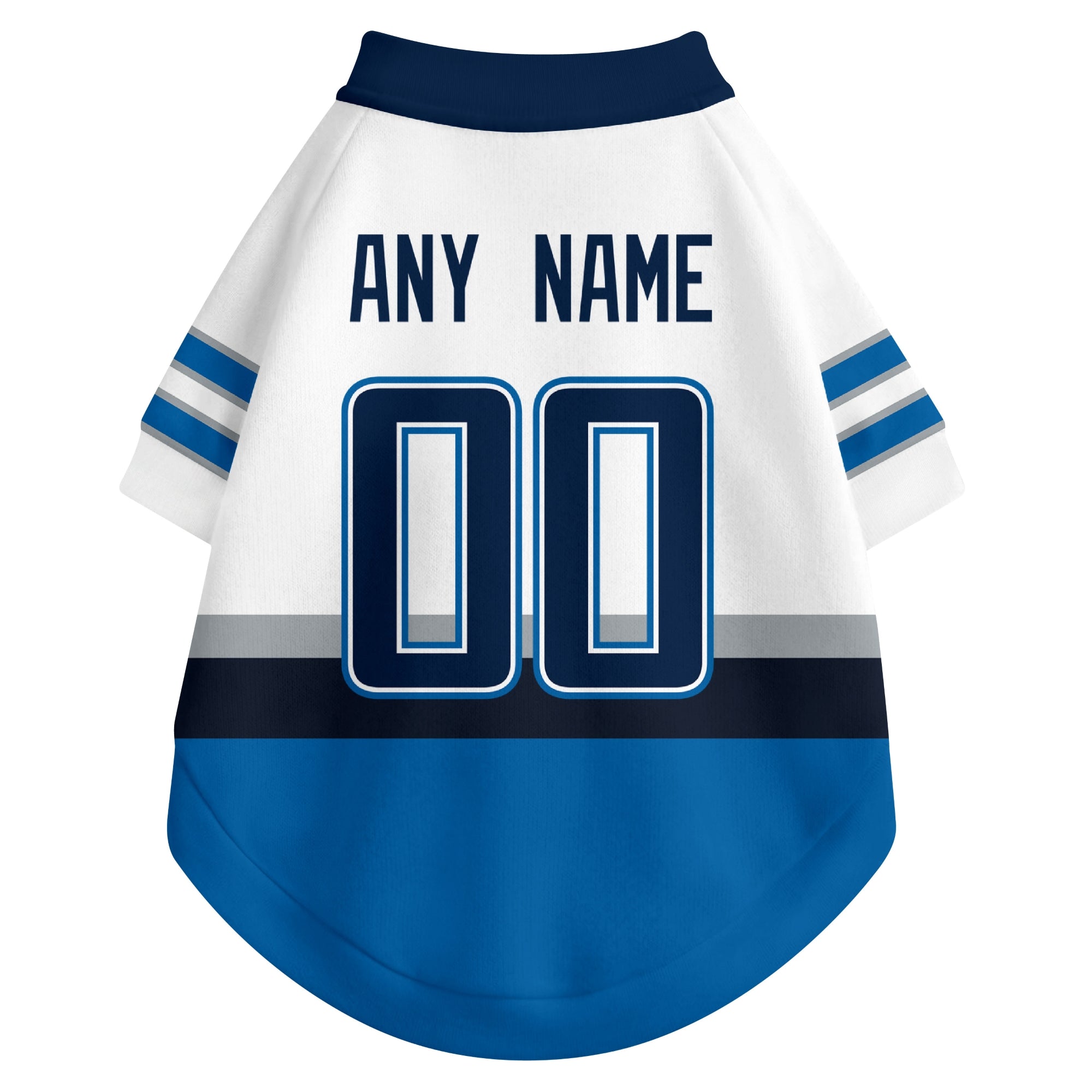 Back view of custom hockey-style dog jersey in White and Navy colors with personalized name and number