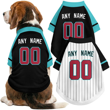 Dog wearing custom baseball-style jersey in Black and White colors with personalized name and number