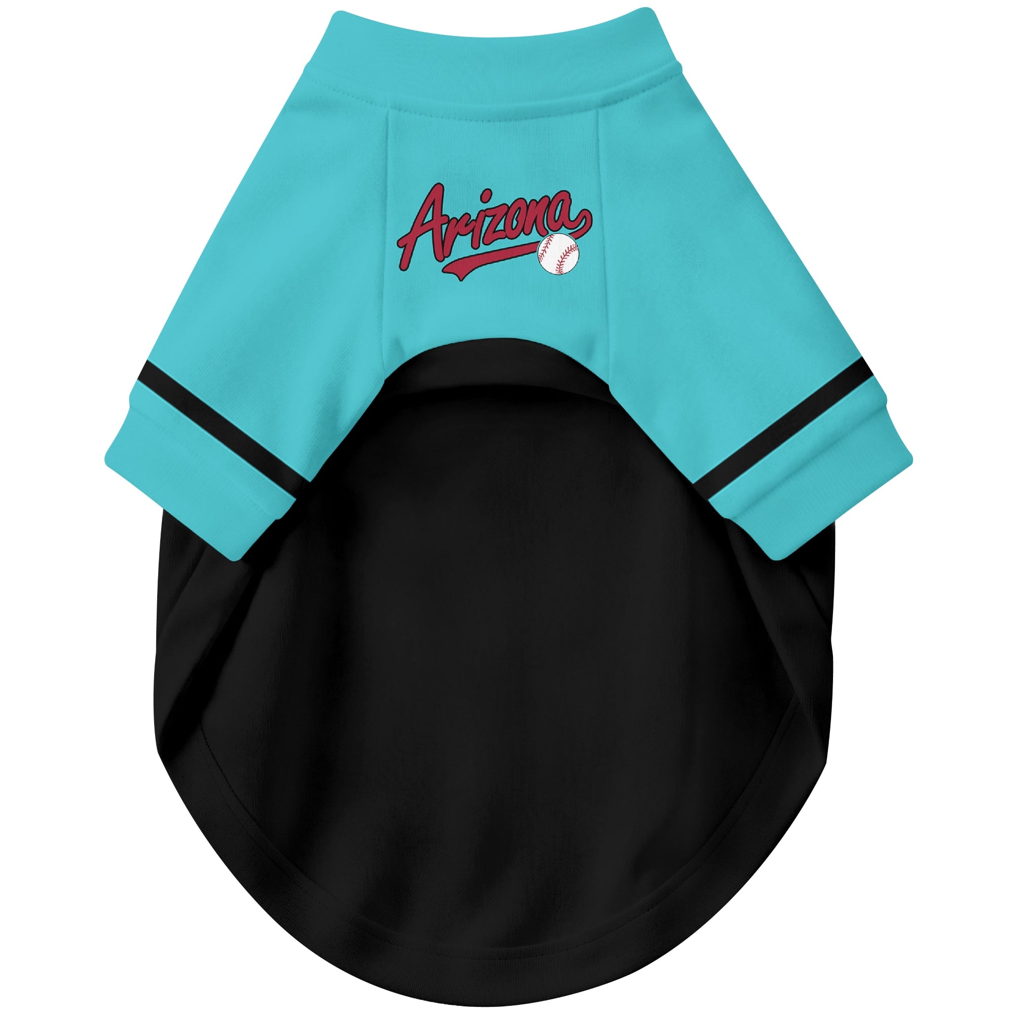 Front view of custom baseball-style dog jersey in Black and White colors