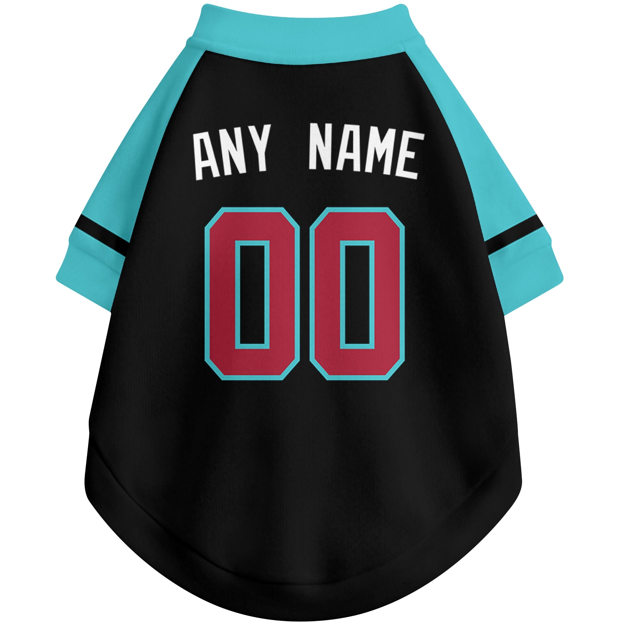 Back view of custom baseball-style dog jersey in Black and White colors with personalized name and number
