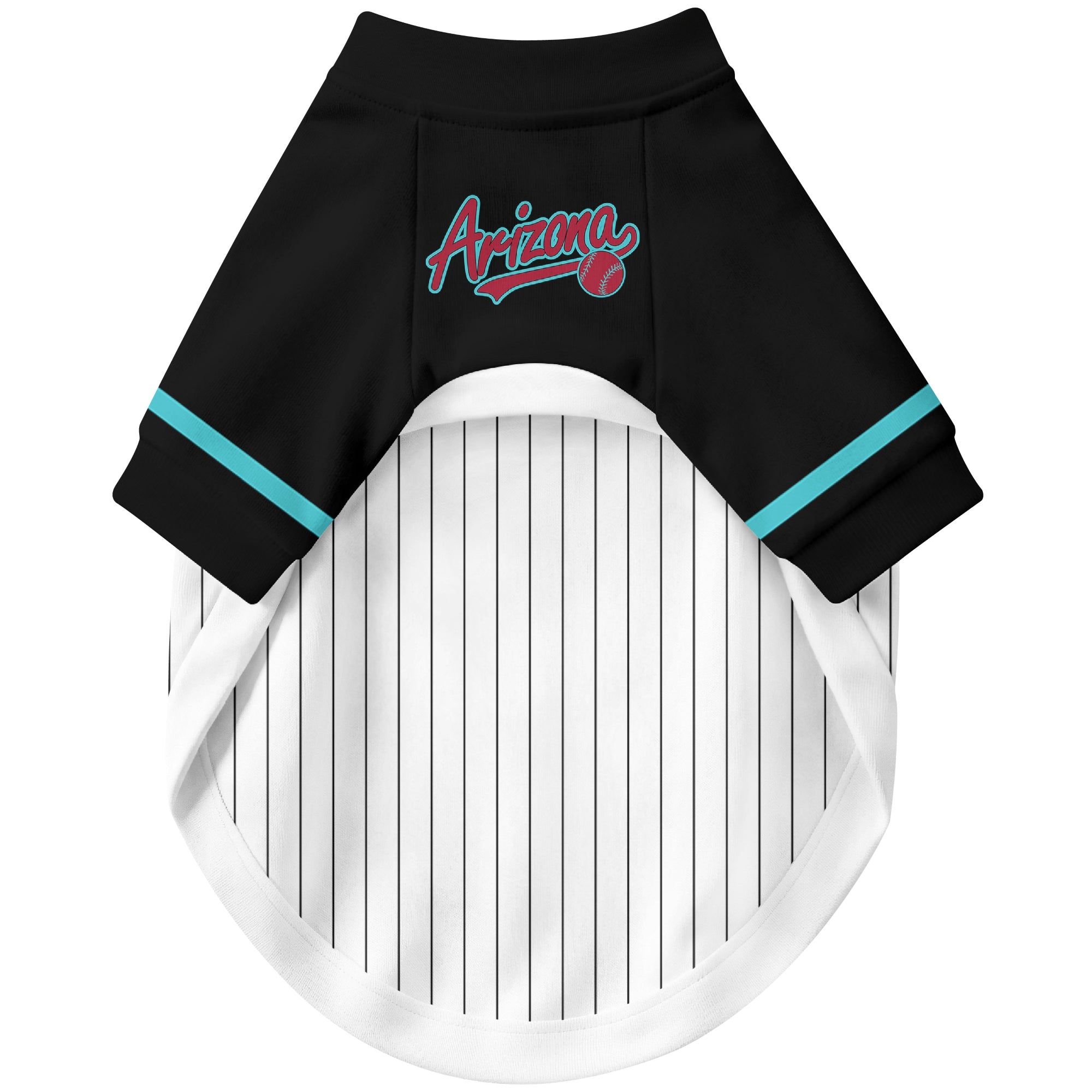 Front view of custom baseball-style dog jersey in White and Black colors
