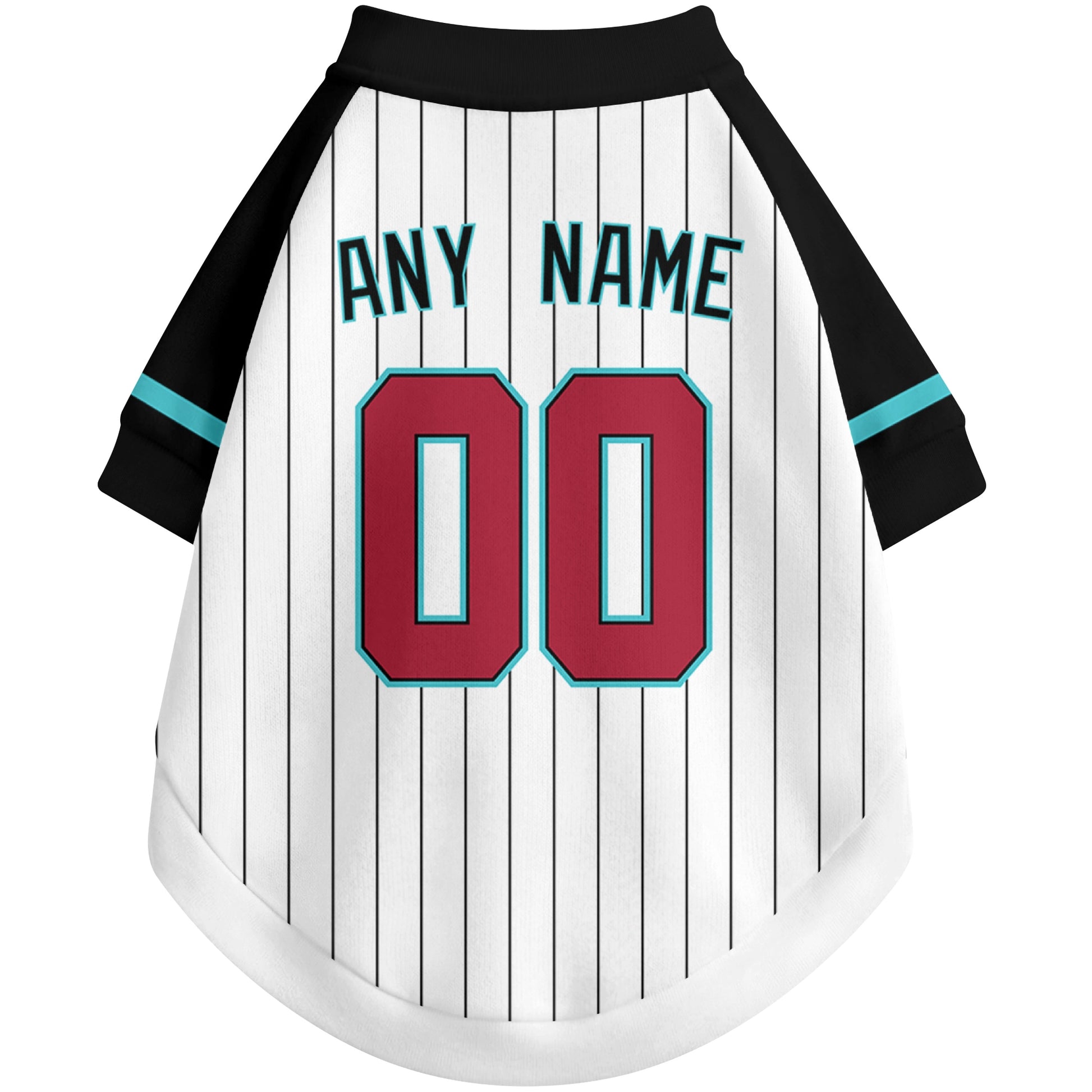 Back view of custom baseball-style dog jersey in White and Black colors with personalized name and number