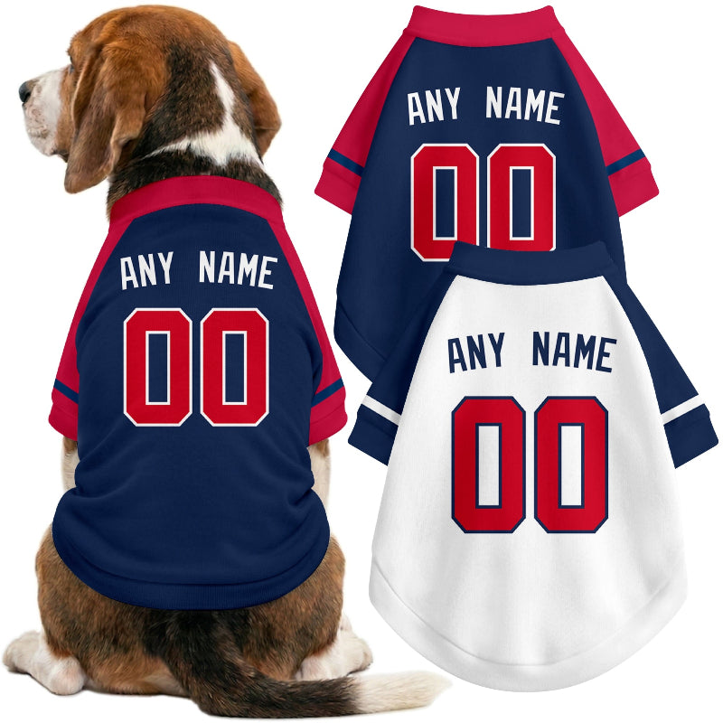 Dog wearing custom baseball-style jersey in Navy and White colors with personalized name and number