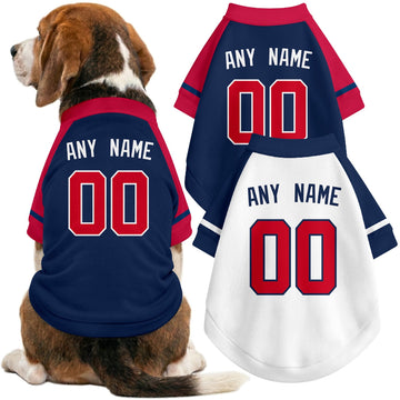 Dog wearing custom baseball-style jersey in Navy and White colors with personalized name and number