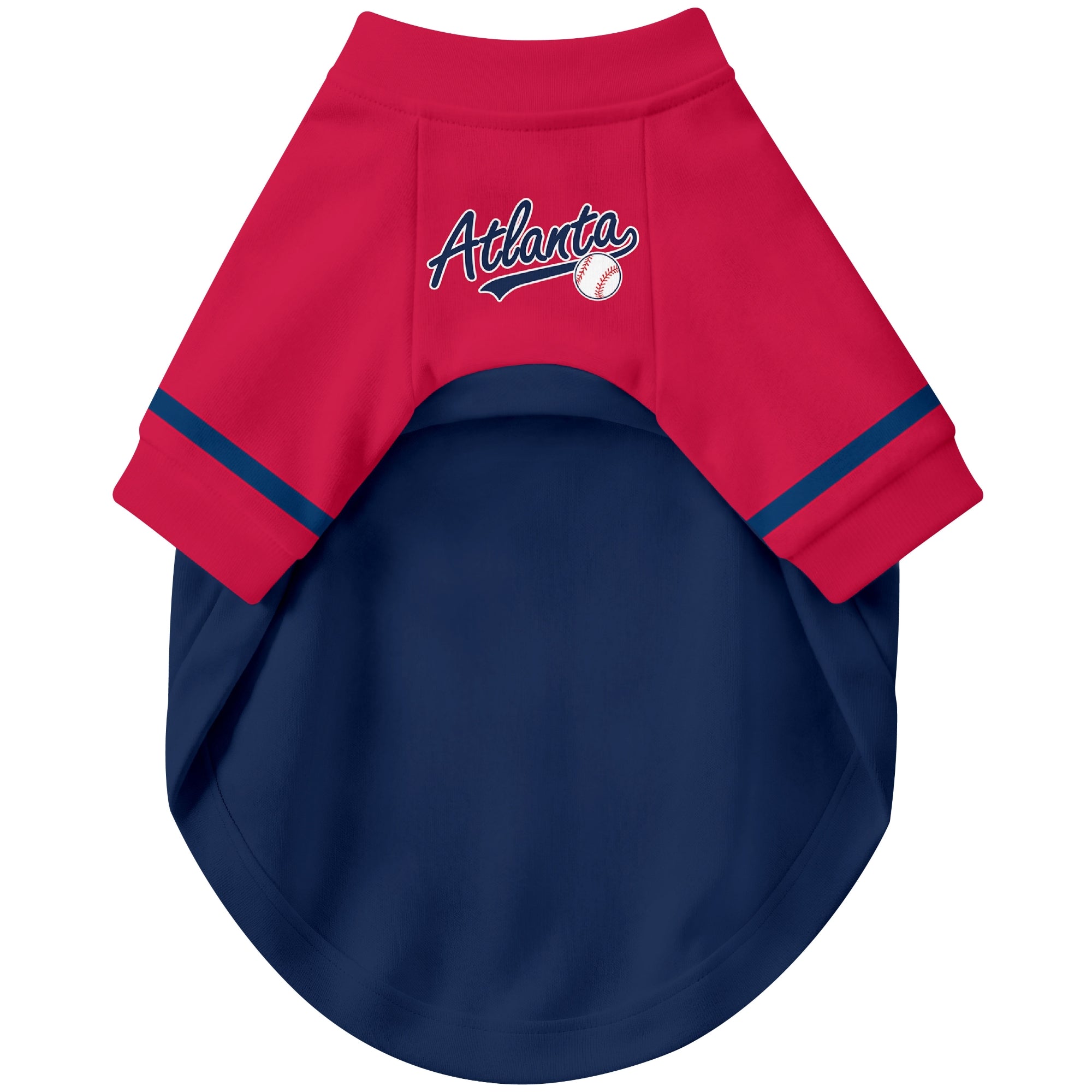 Front view of custom baseball-style dog jersey in Navy and White colors