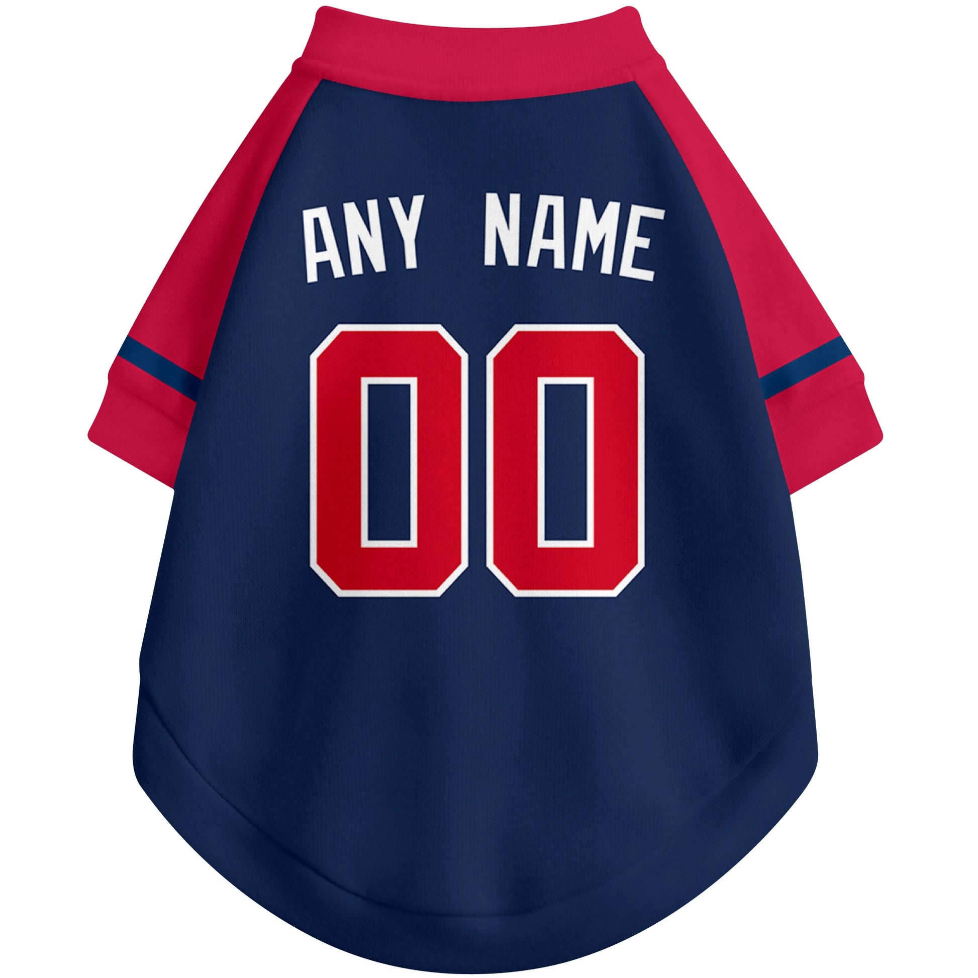 Back view of custom baseball-style dog jersey in Navy and White colors with personalized name and number