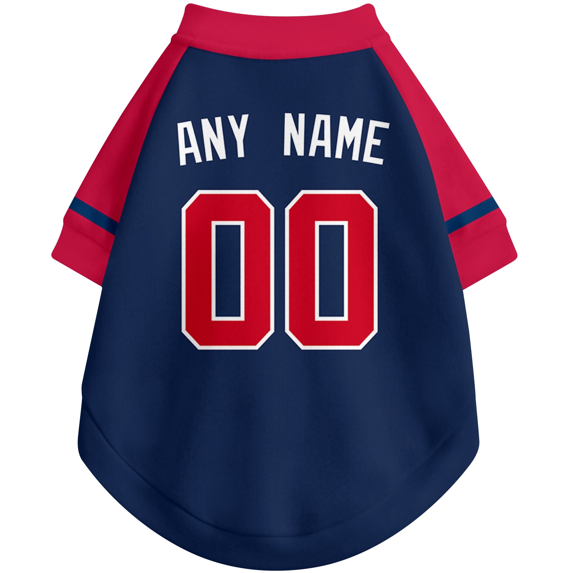 Back view of custom baseball-style dog jersey in Navy and White colors with personalized name and number