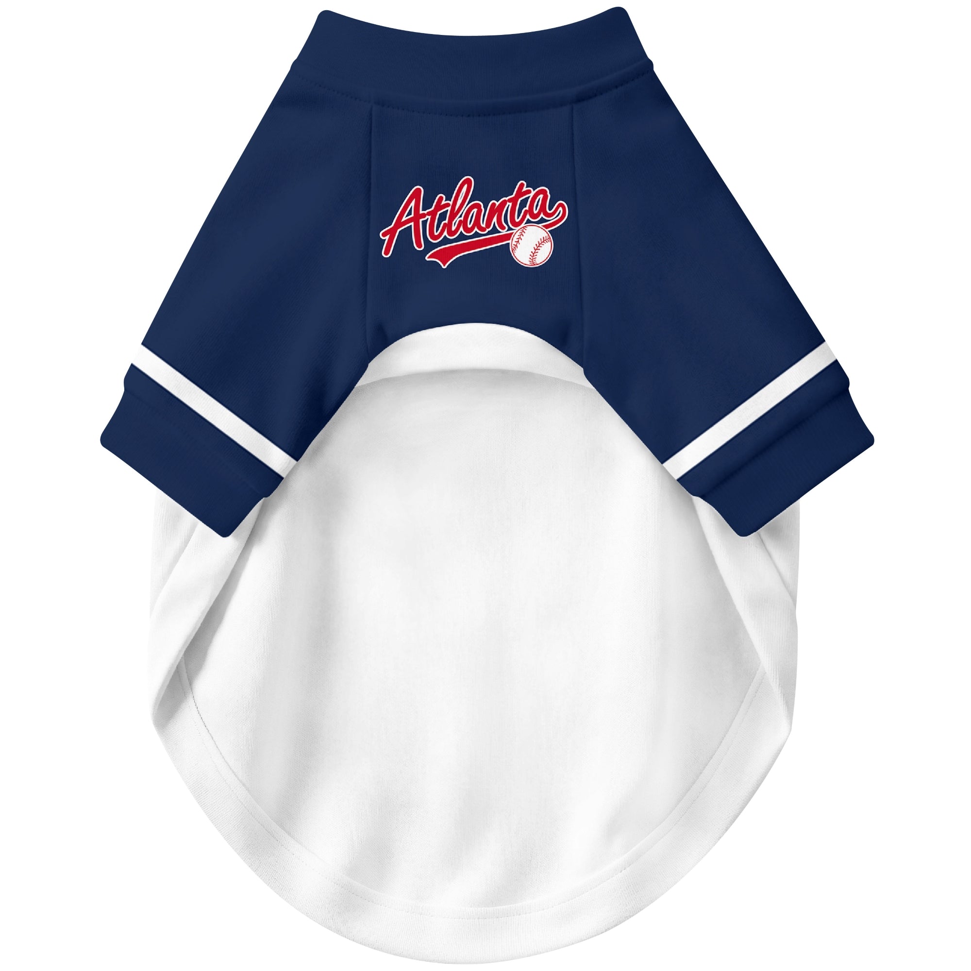 Front view of custom baseball-style dog jersey in White and Navy colors
