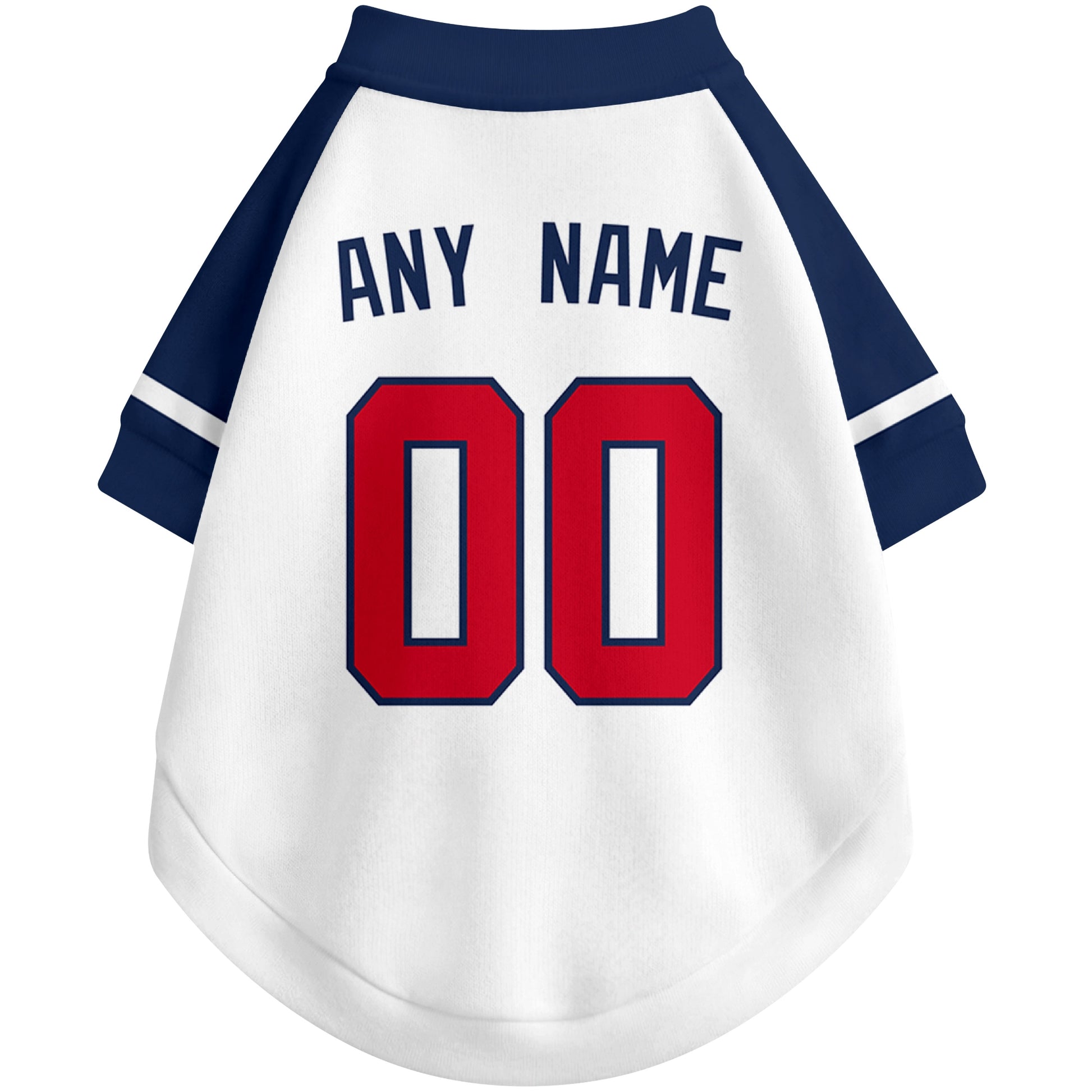 Back view of custom baseball-style dog jersey in White and Navy colors with personalized name and number