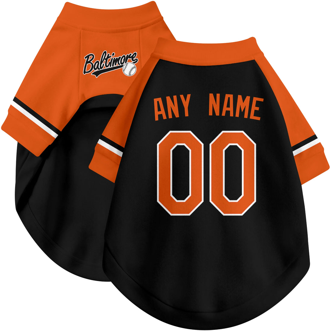 Dog wearing custom baseball-style jersey in Black and White colors with personalized name and number