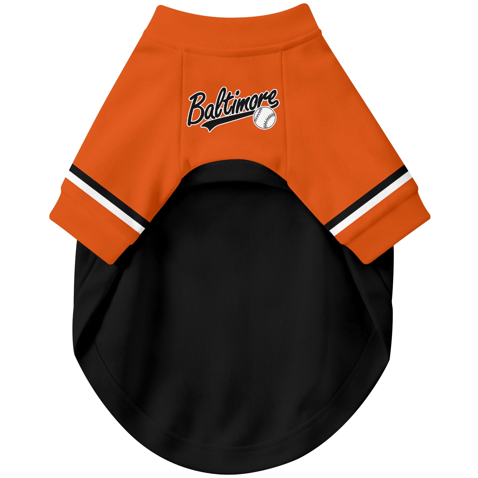 Front view of custom baseball-style dog jersey in Black and White colors