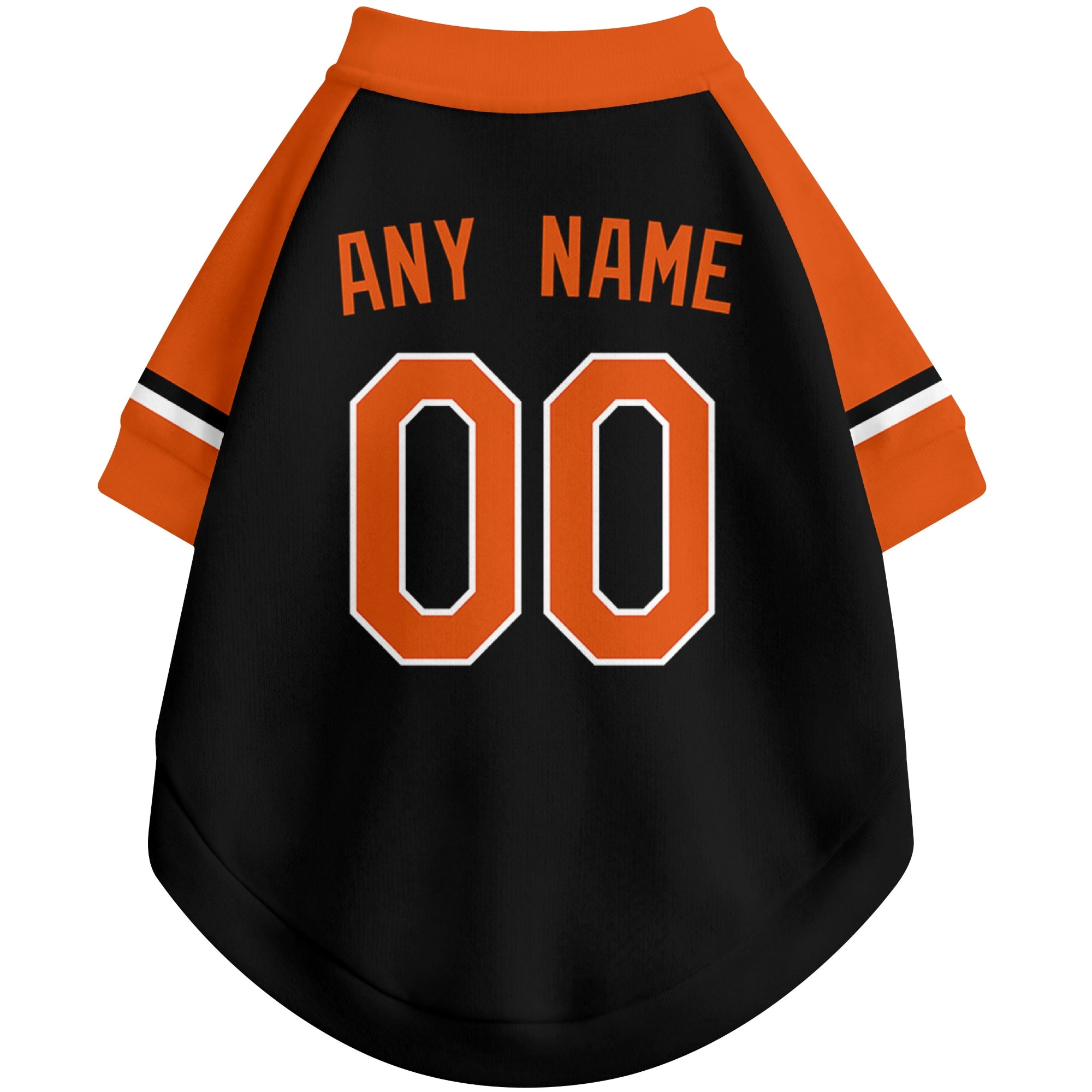 Back view of custom baseball-style dog jersey in Black and White colors with personalized name and number