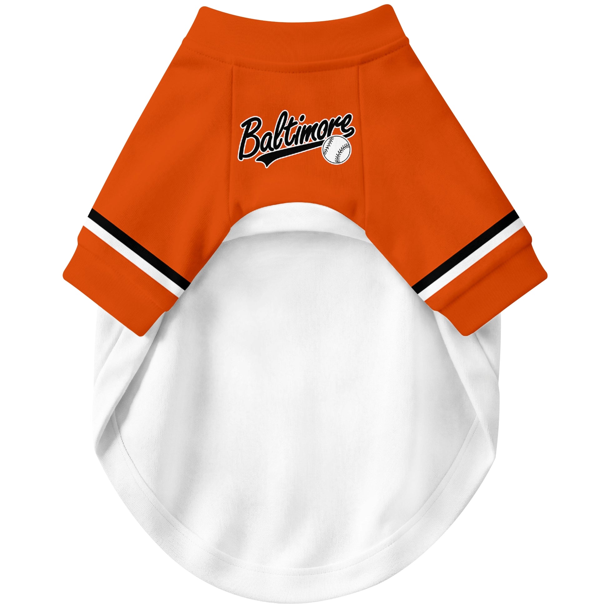 Front view of custom baseball-style dog jersey in White and Black colors