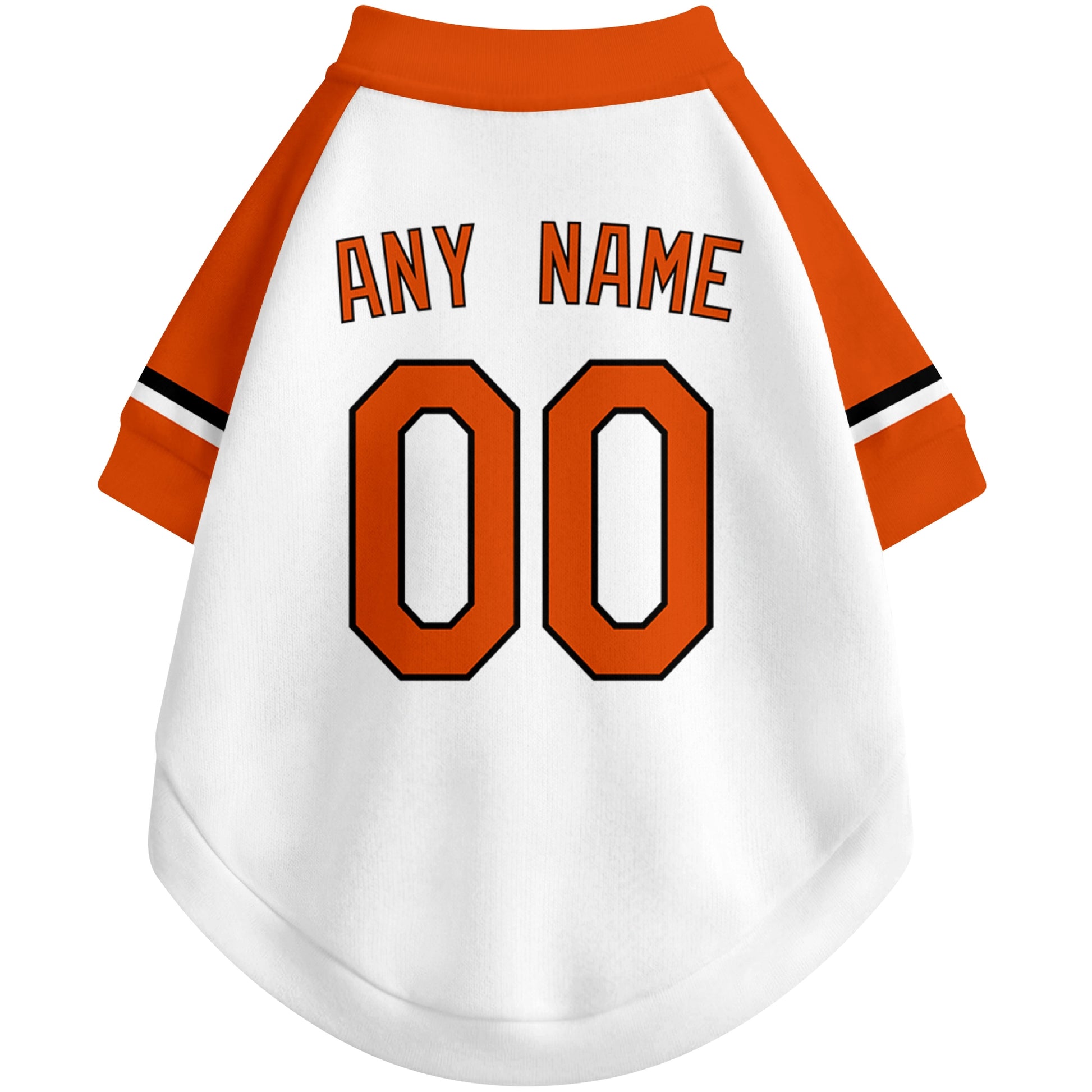Back view of custom baseball-style dog jersey in White and Black colors with personalized name and number