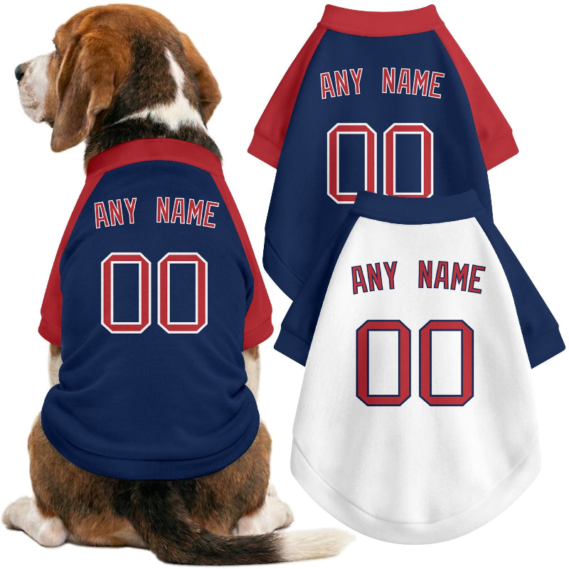 Dog wearing custom baseball-style jersey in Navy and White colors with personalized name and number
