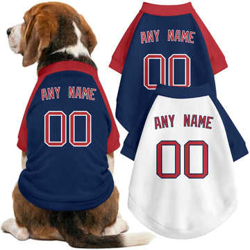 Dog wearing custom baseball-style jersey in Navy and White colors with personalized name and number