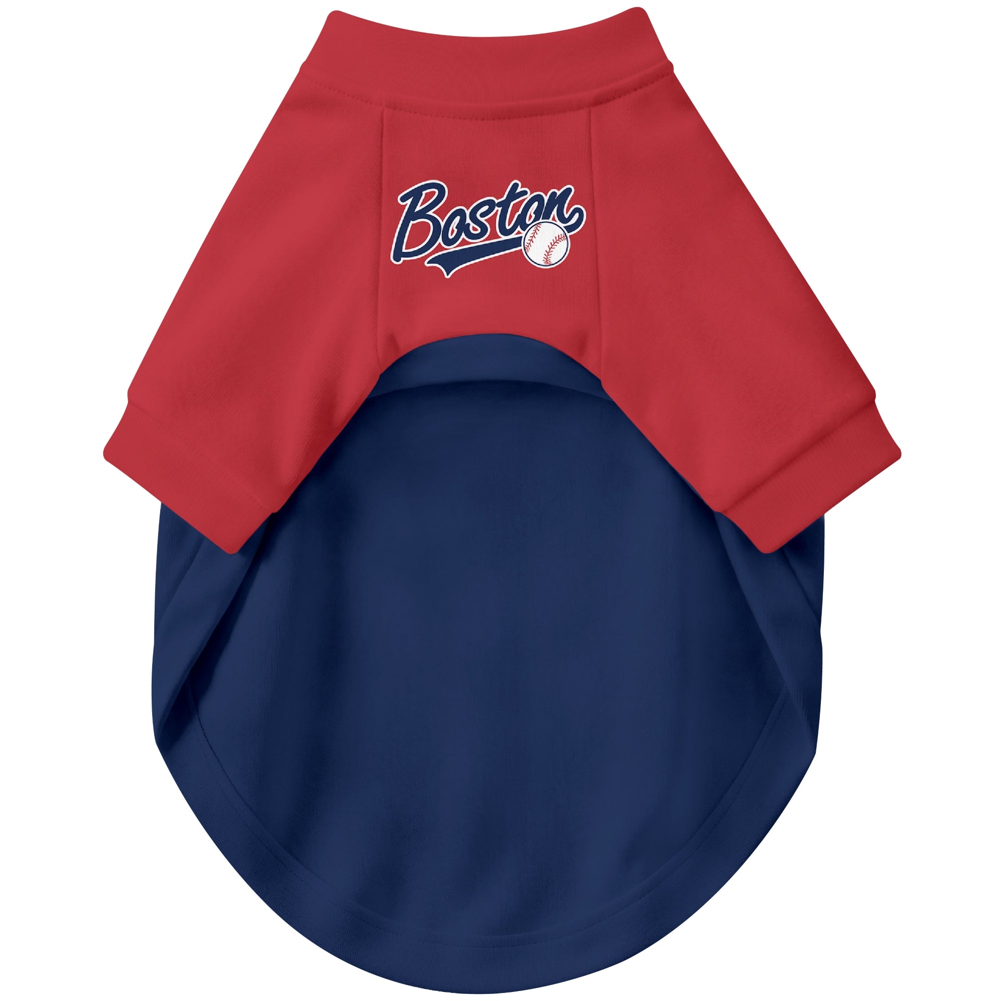 Front view of custom baseball-style dog jersey in Navy and White colors