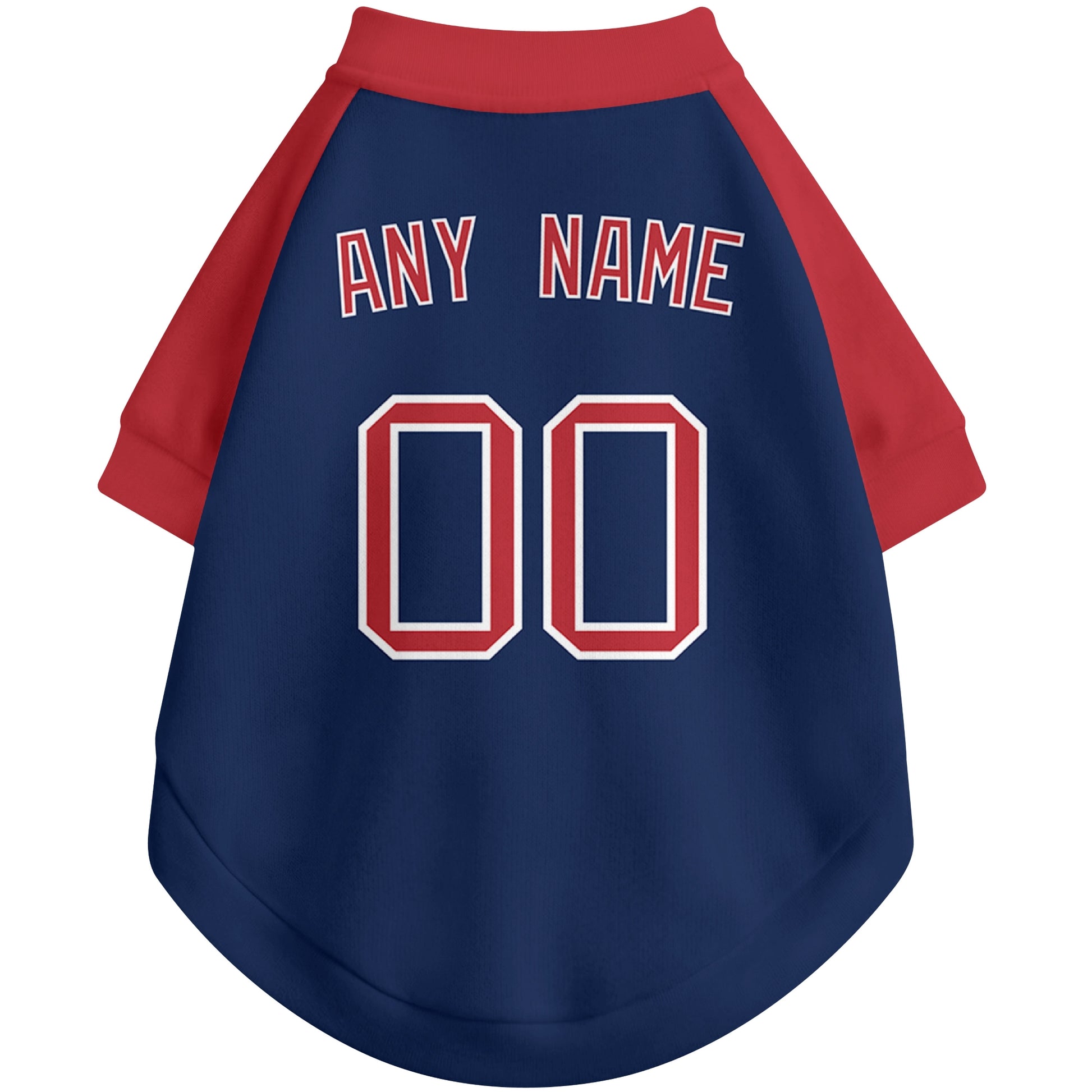 Back view of custom baseball-style dog jersey in Navy and White colors with personalized name and number