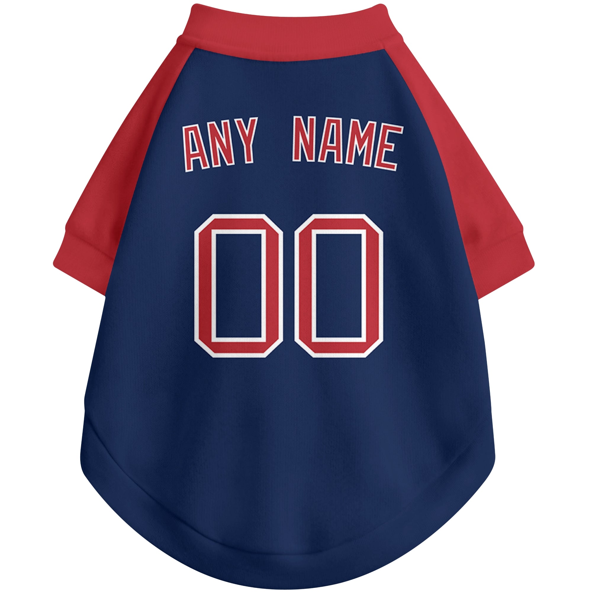 Back view of custom baseball-style dog jersey in Navy and White colors with personalized name and number