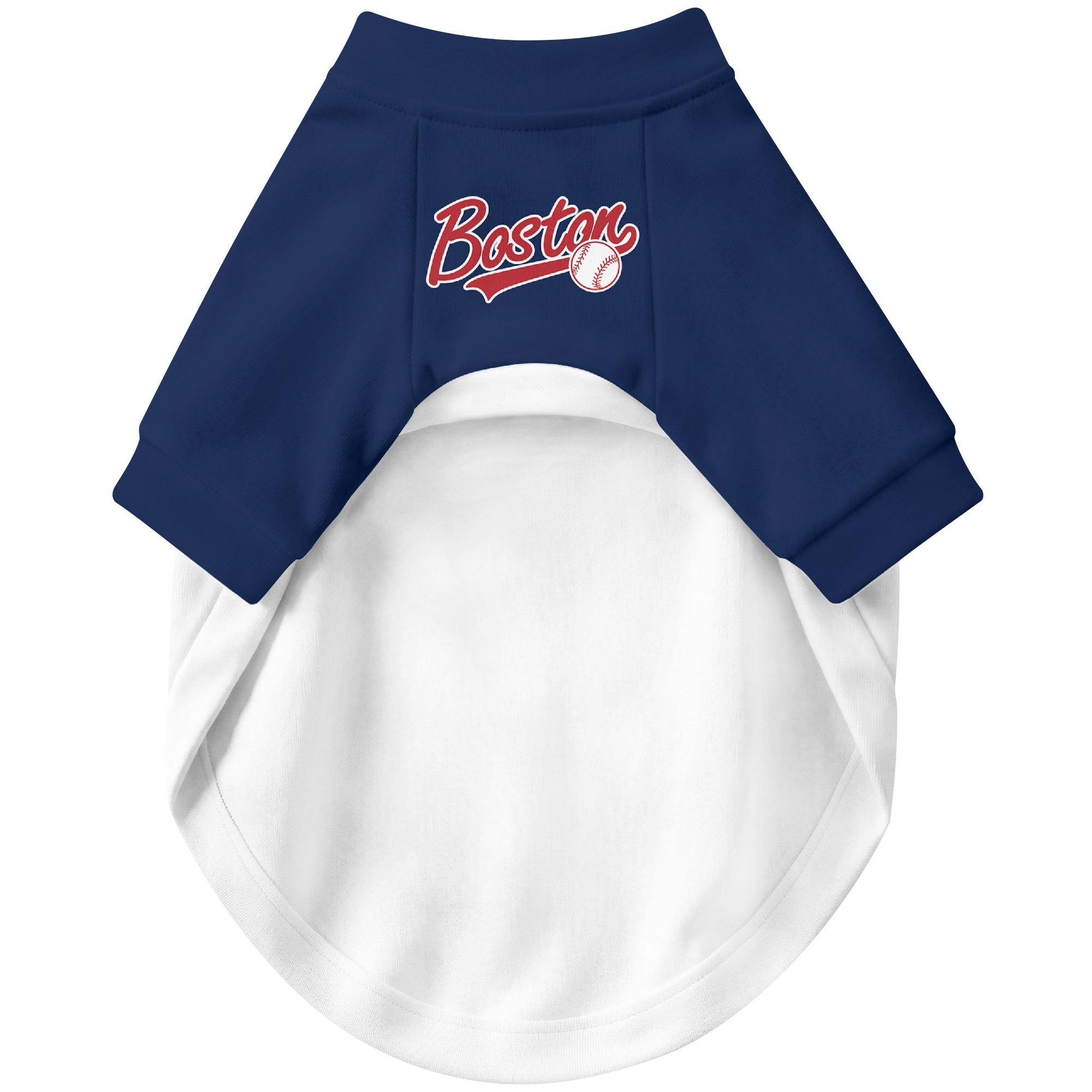 Front view of custom baseball-style dog jersey in White and Navy colors